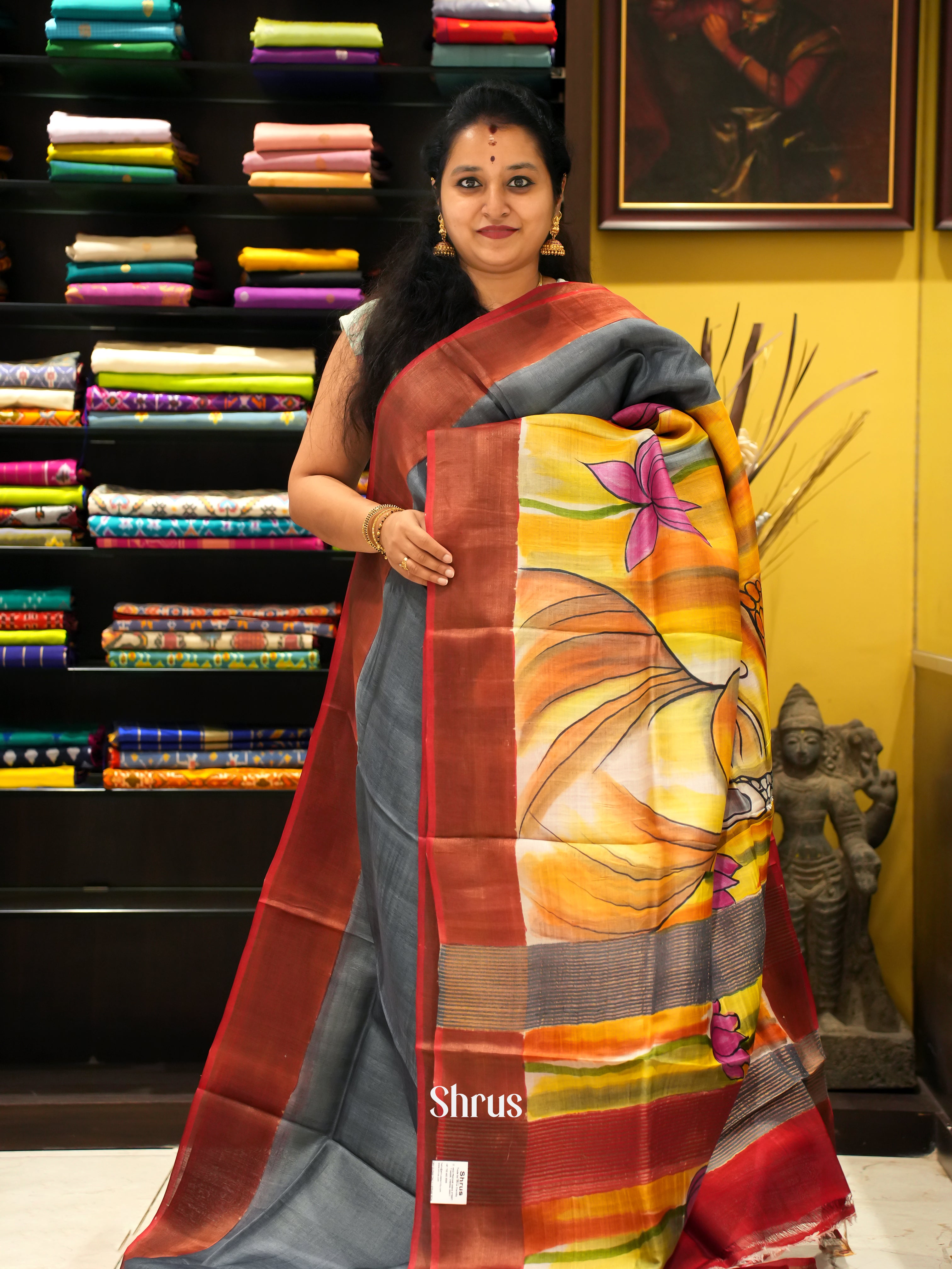 Grey & Red - Tussar Saree - Shop on ShrusEternity.com