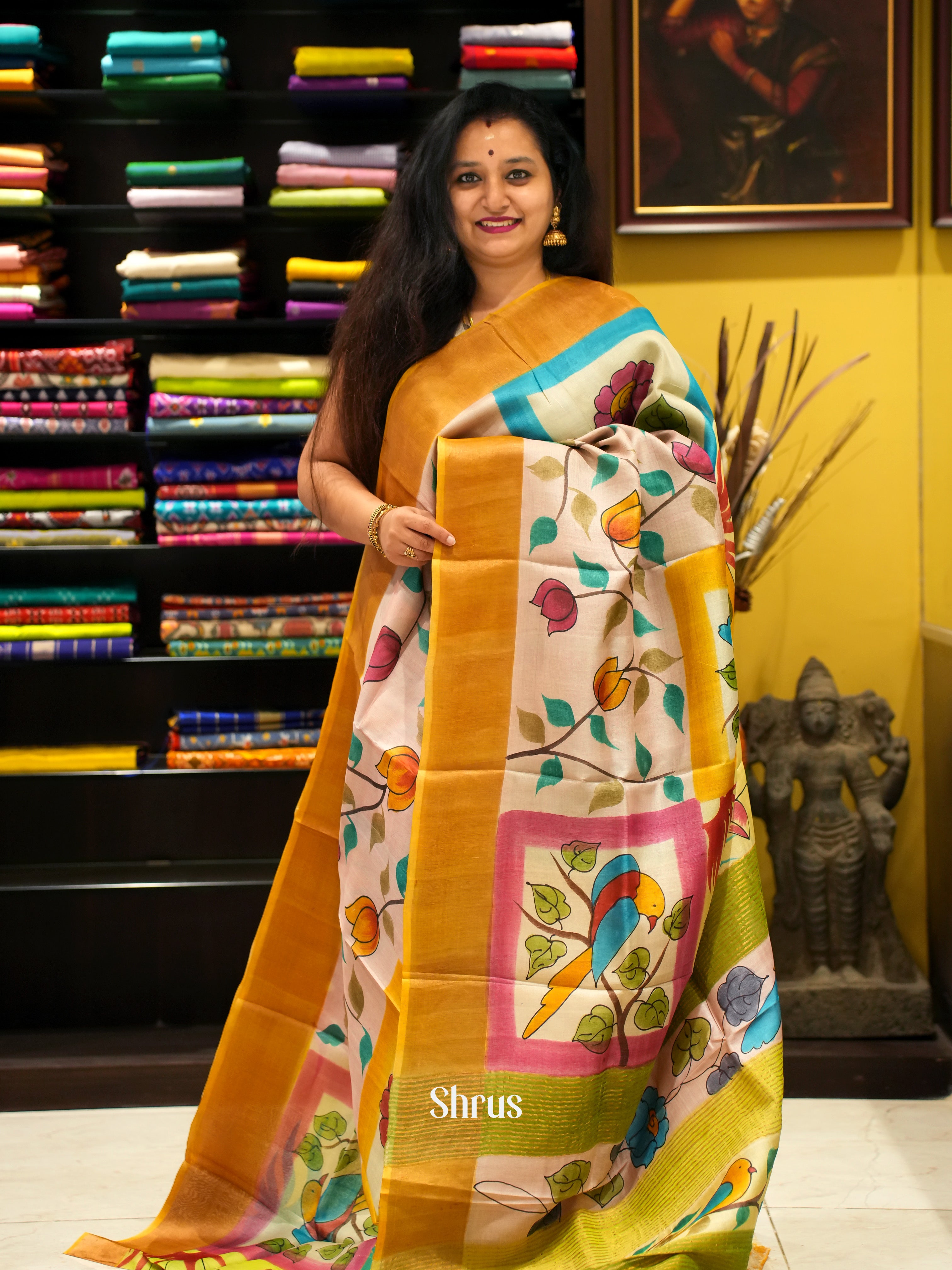 Pink & Mustard - Tussar Saree - Shop on ShrusEternity.com