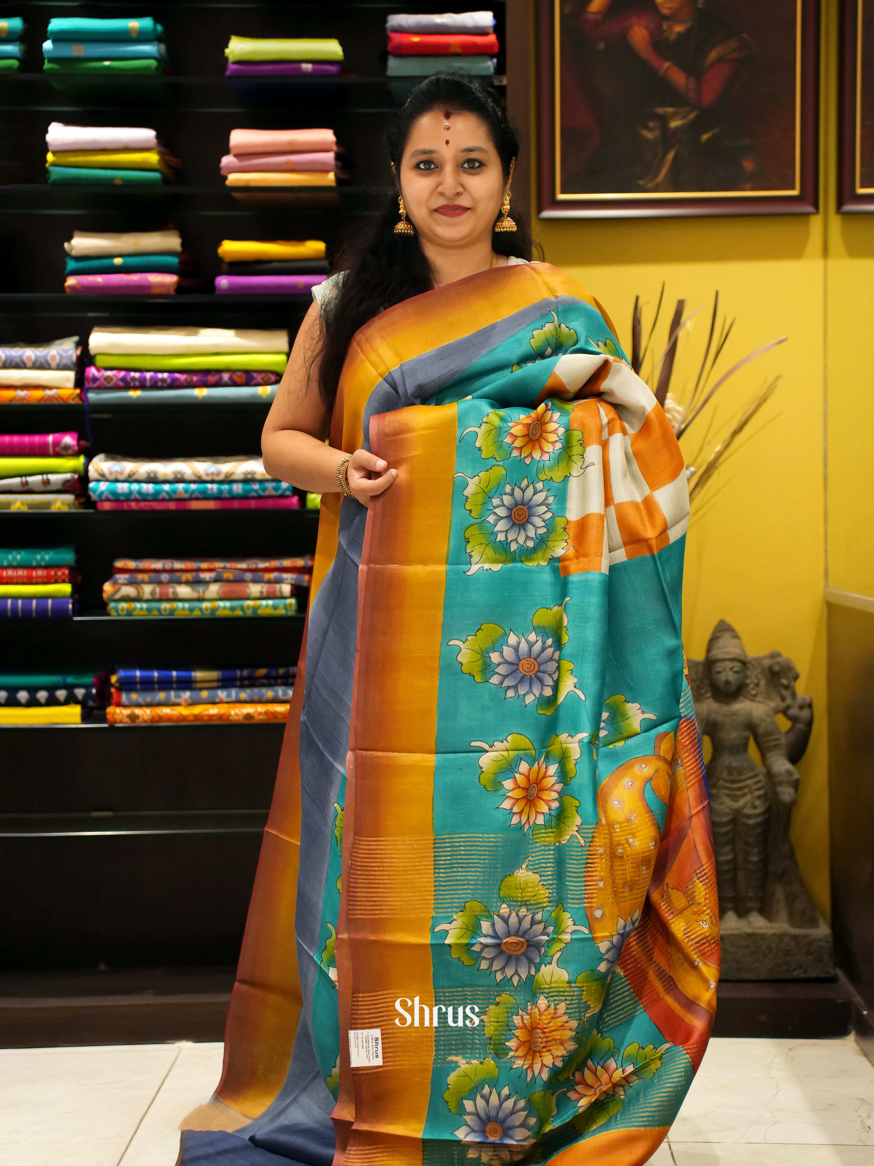 Blue & Orange - Tussar Saree - Shop on ShrusEternity.com