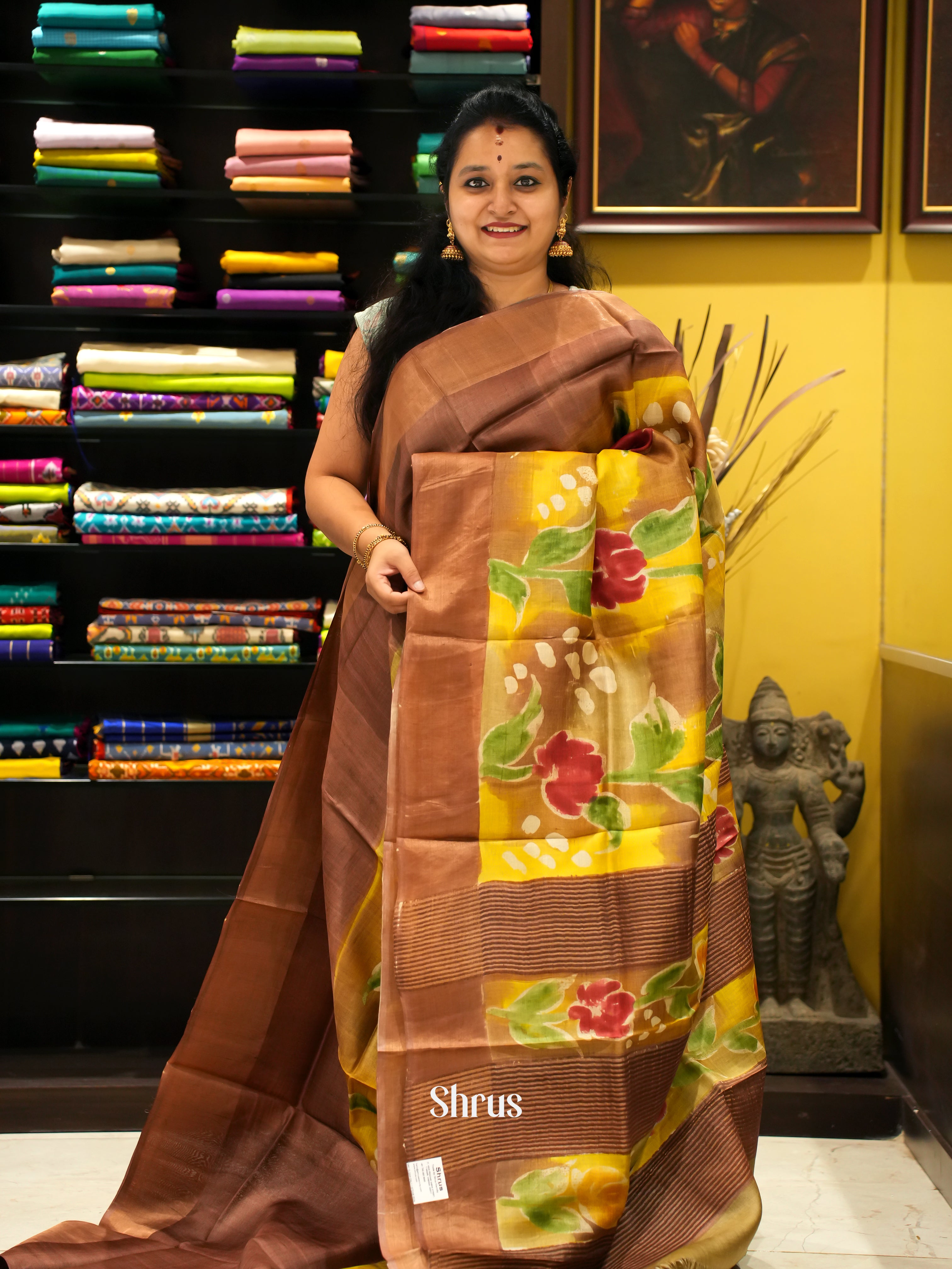 Brown & Yellow - Tussar Saree - Shop on ShrusEternity.com