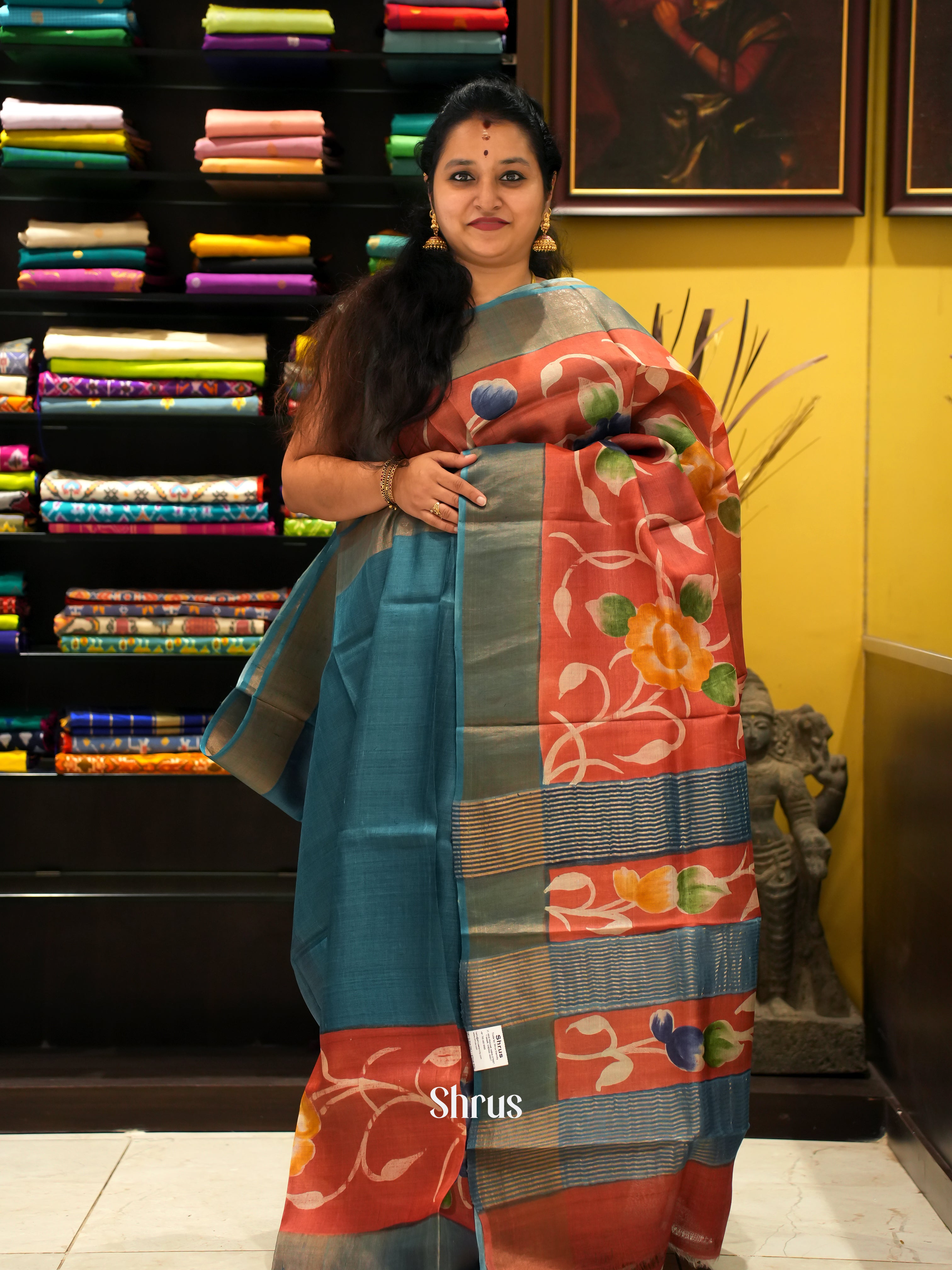 Blue & Red - Tussar Saree - Shop on ShrusEternity.com