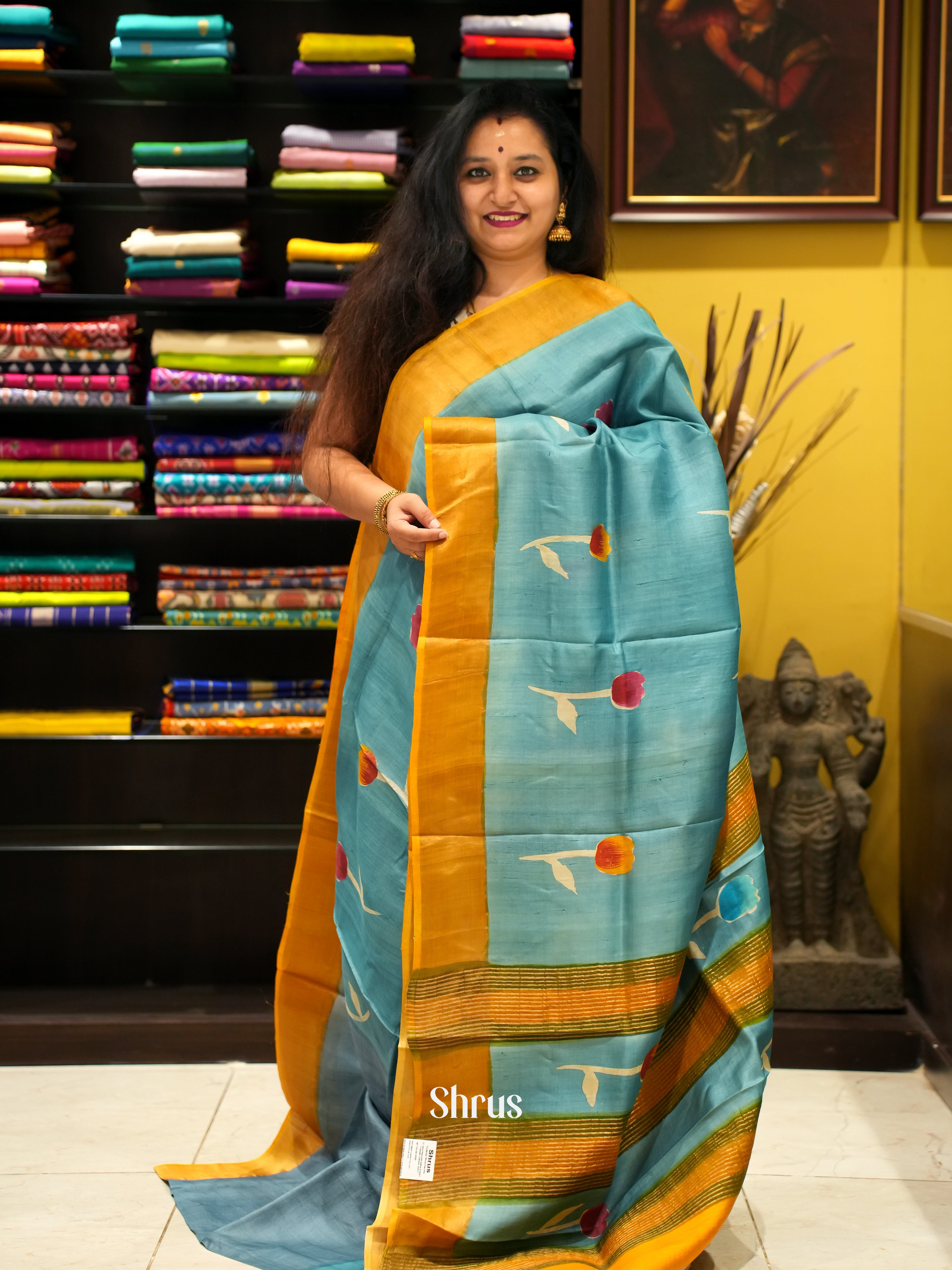 Blue & Mustard - Tussar Saree - Shop on ShrusEternity.com