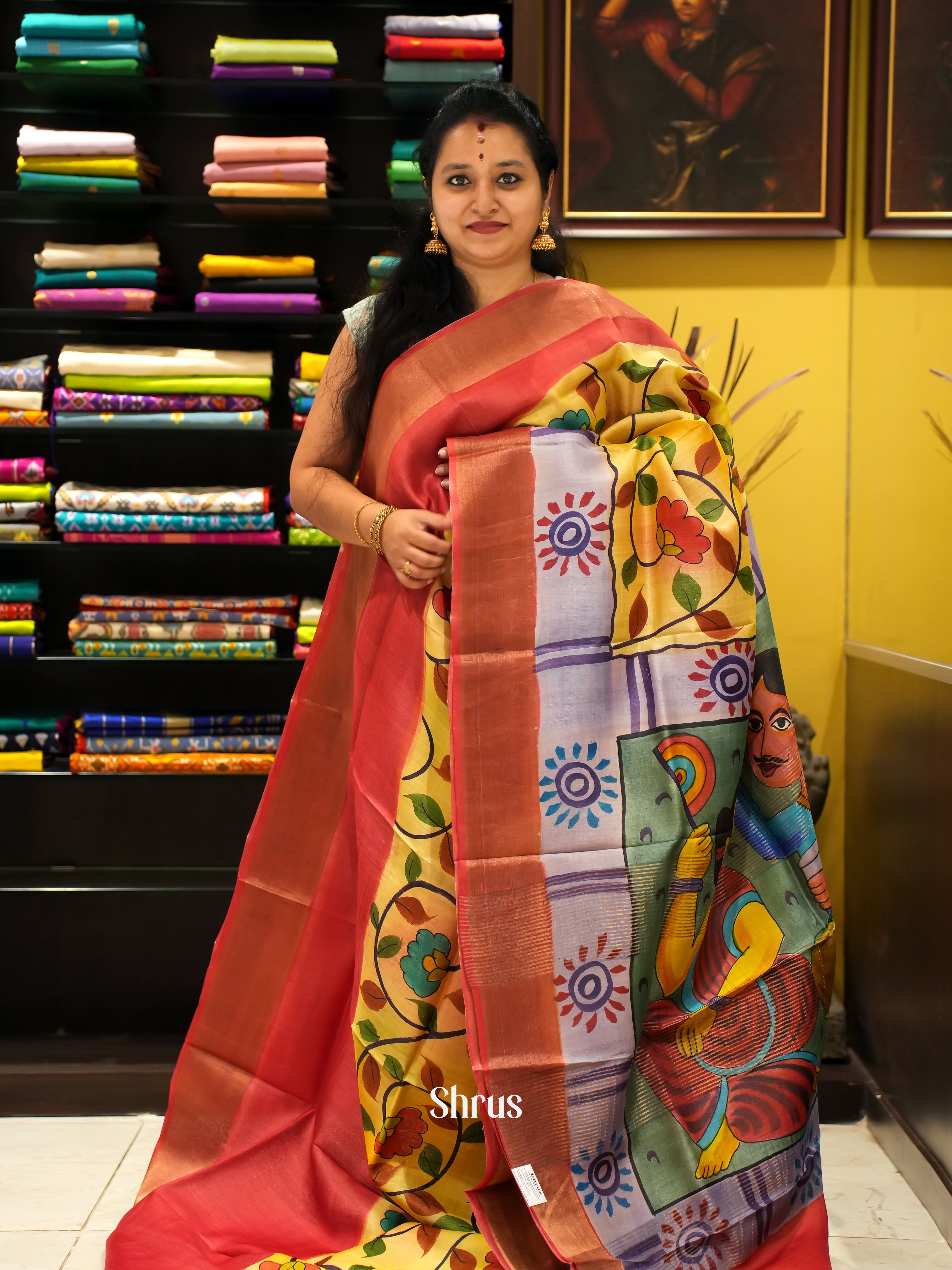 Mustard & Red - Tussar Saree - Shop on ShrusEternity.com