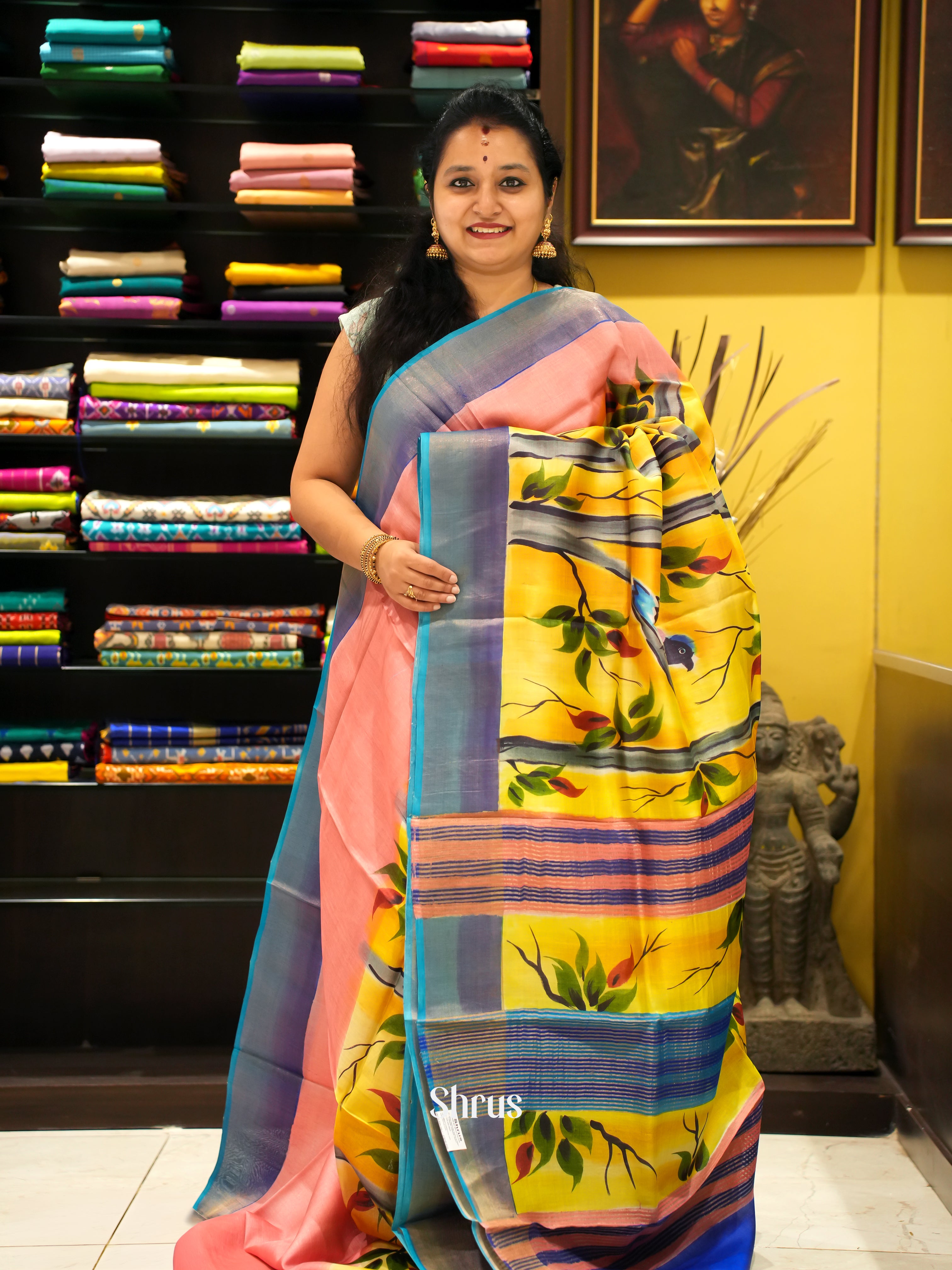 Pink & Yellow - Tussar Saree - Shop on ShrusEternity.com