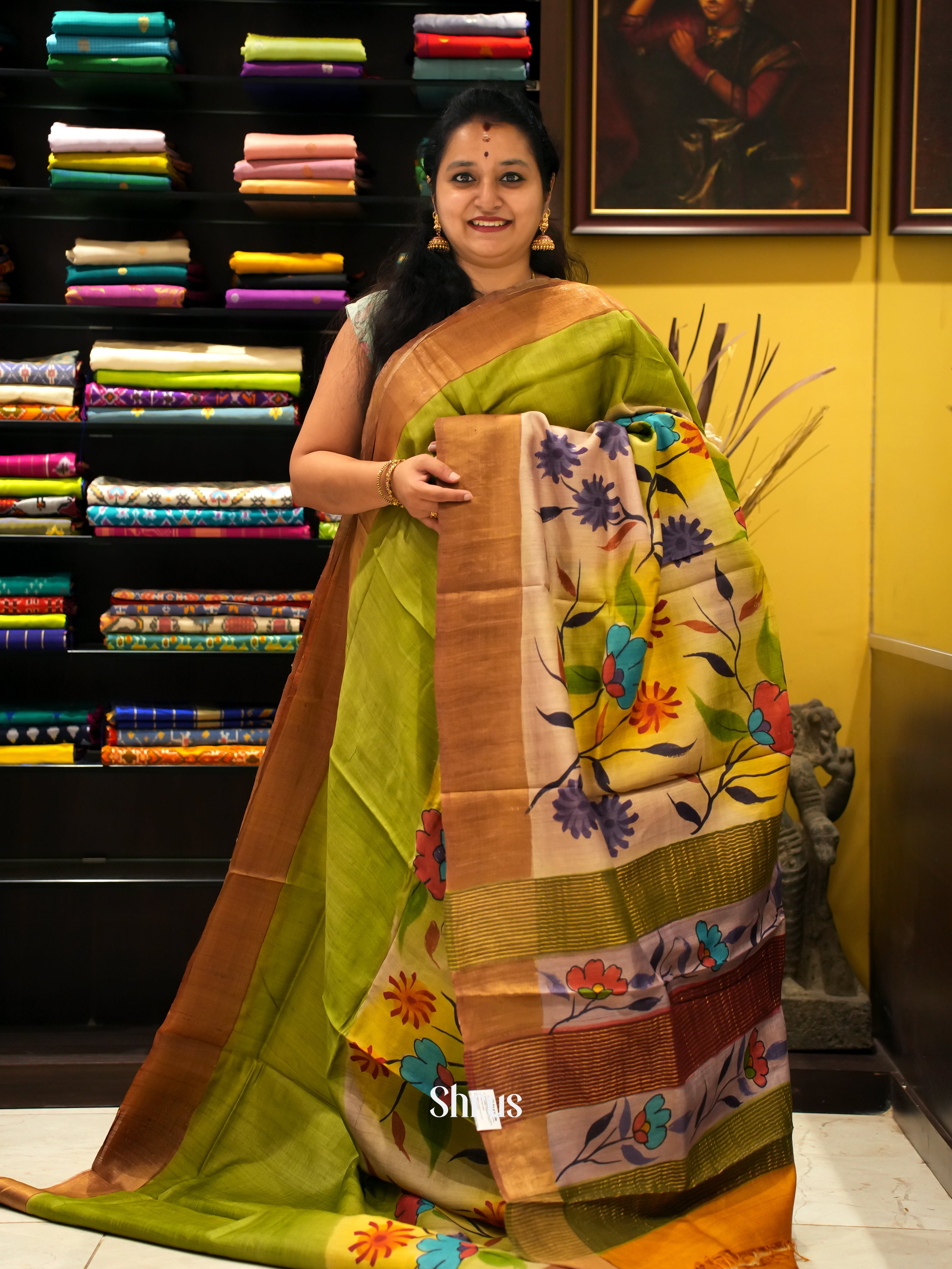 Green & Yellow - Tussar Saree - Shop on ShrusEternity.com