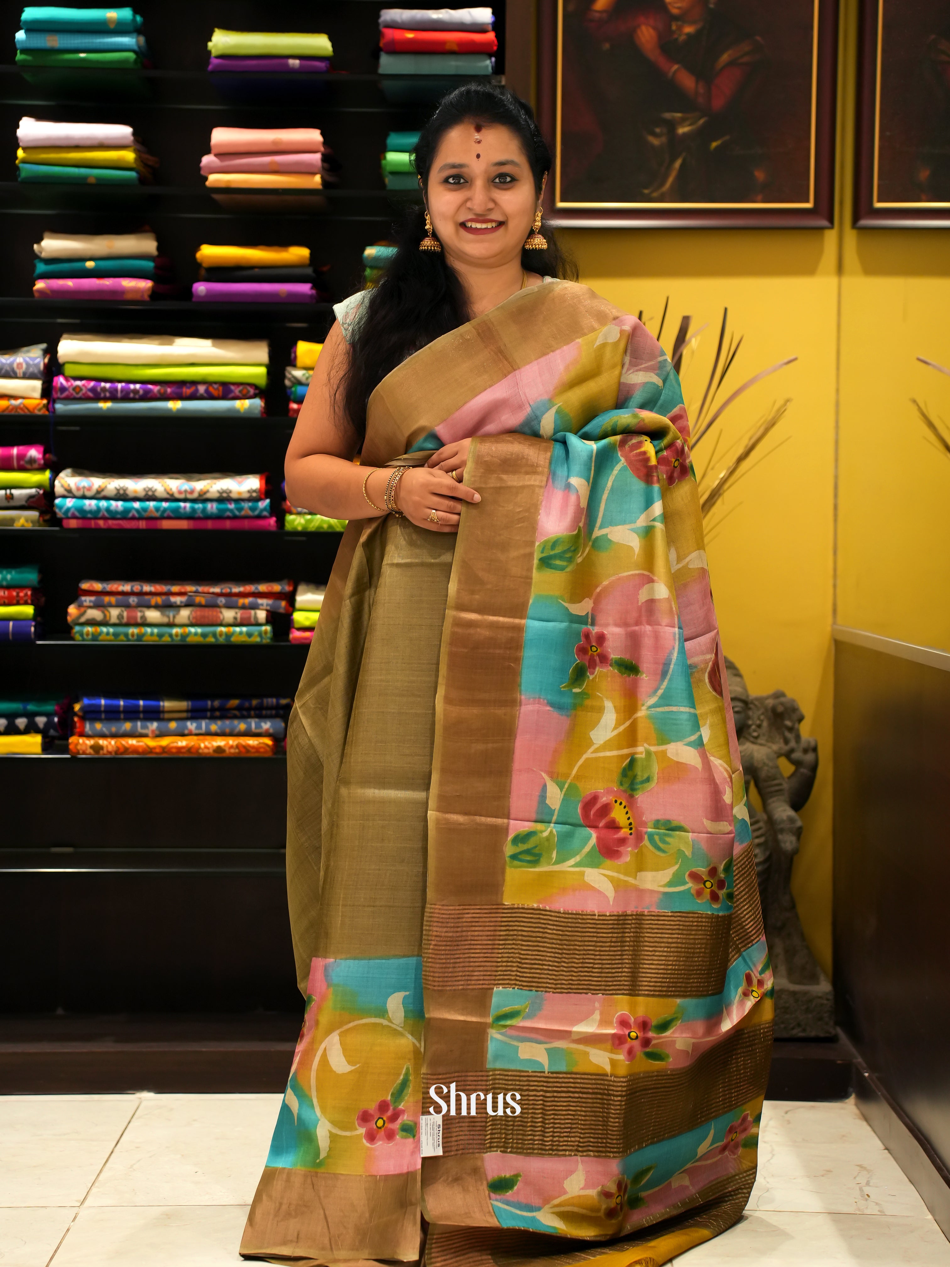 Pink & Mustard - Tussar Saree - Shop on ShrusEternity.com