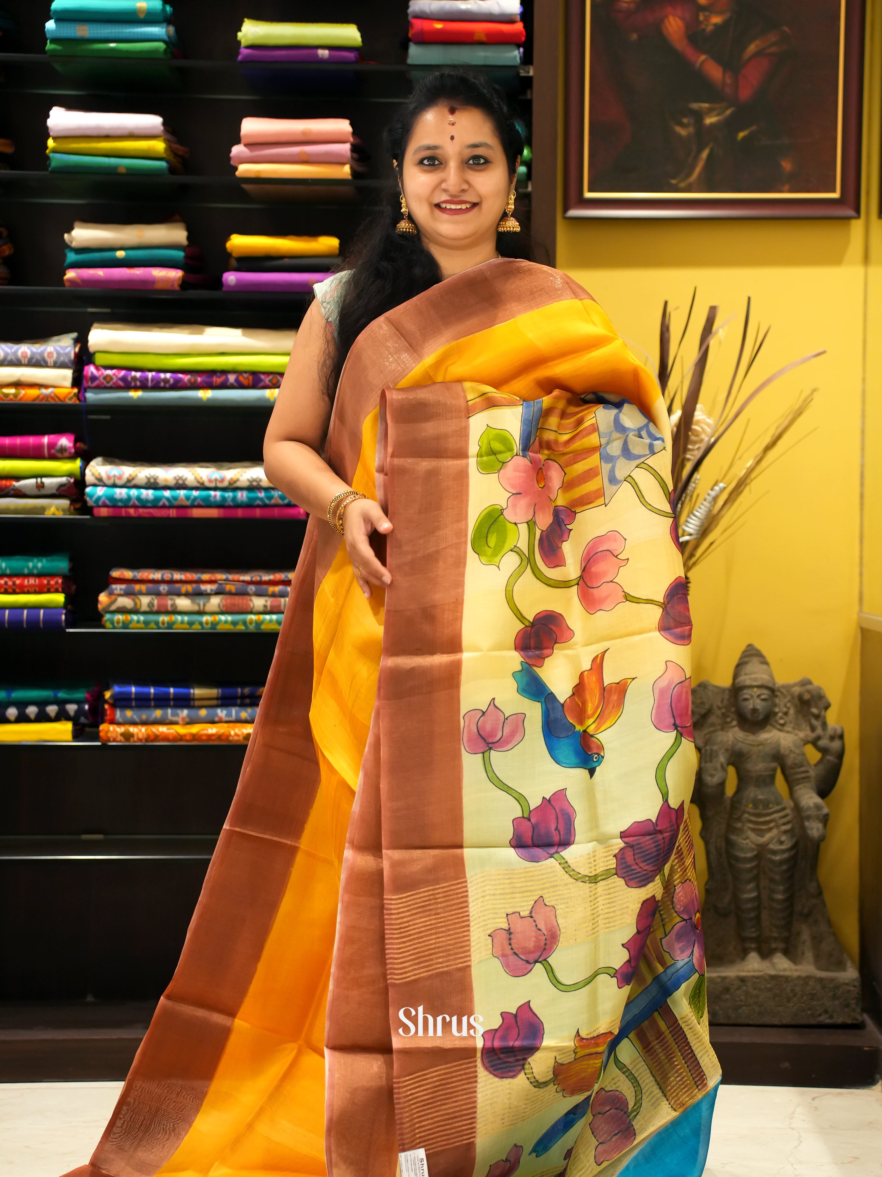 Yellow & Blue - Tussar Saree - Shop on ShrusEternity.com