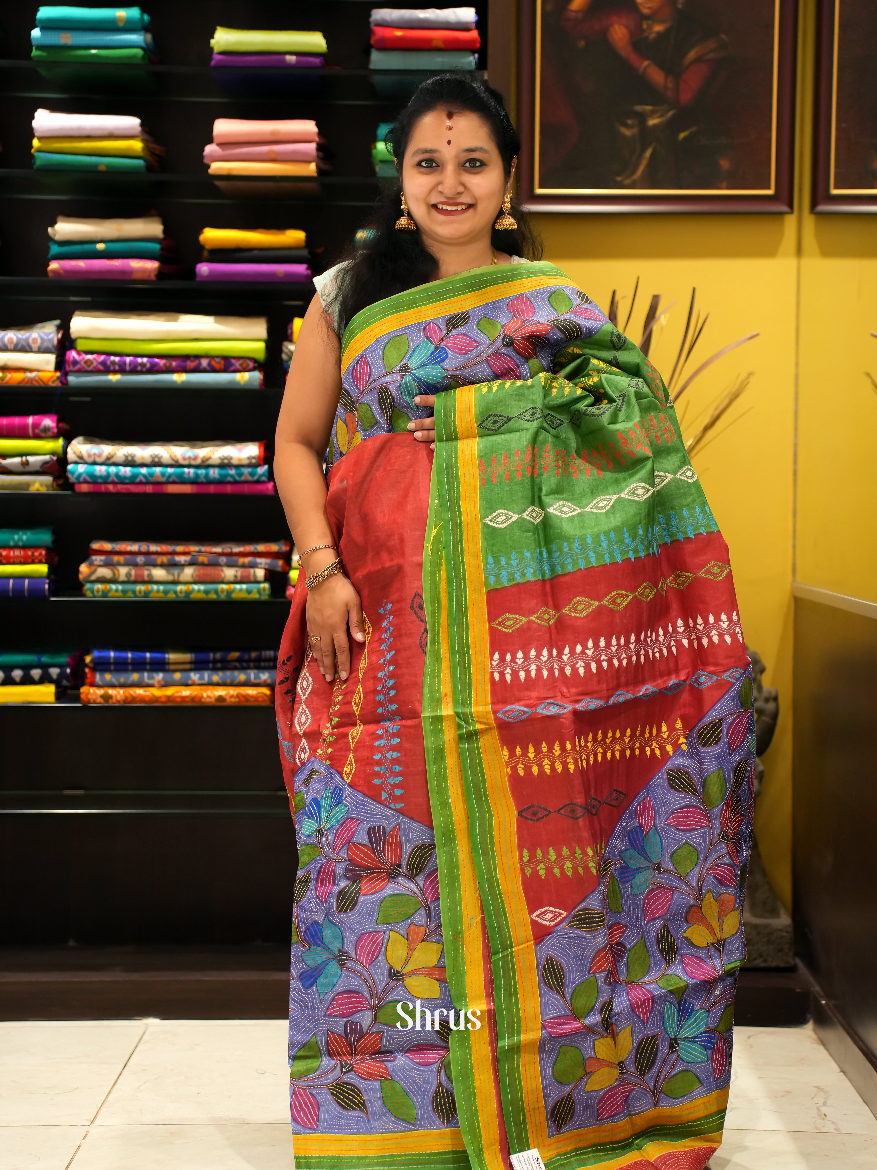 Red & Green - Tussar Saree with Kantha Stitch - Shop on ShrusEternity.com