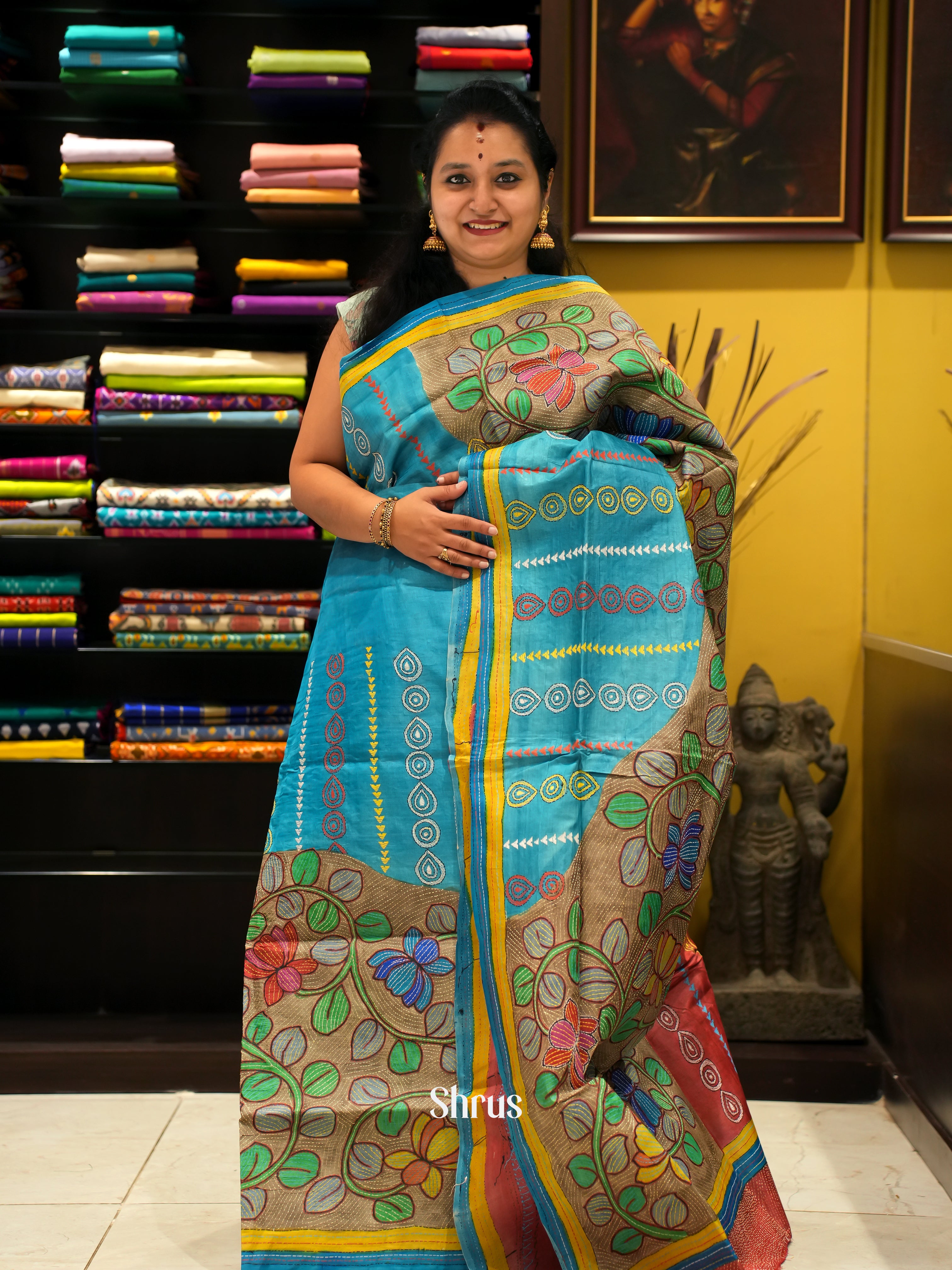 Blue & Red - Tussar Saree with Kantha Stitch - Shop on ShrusEternity.com