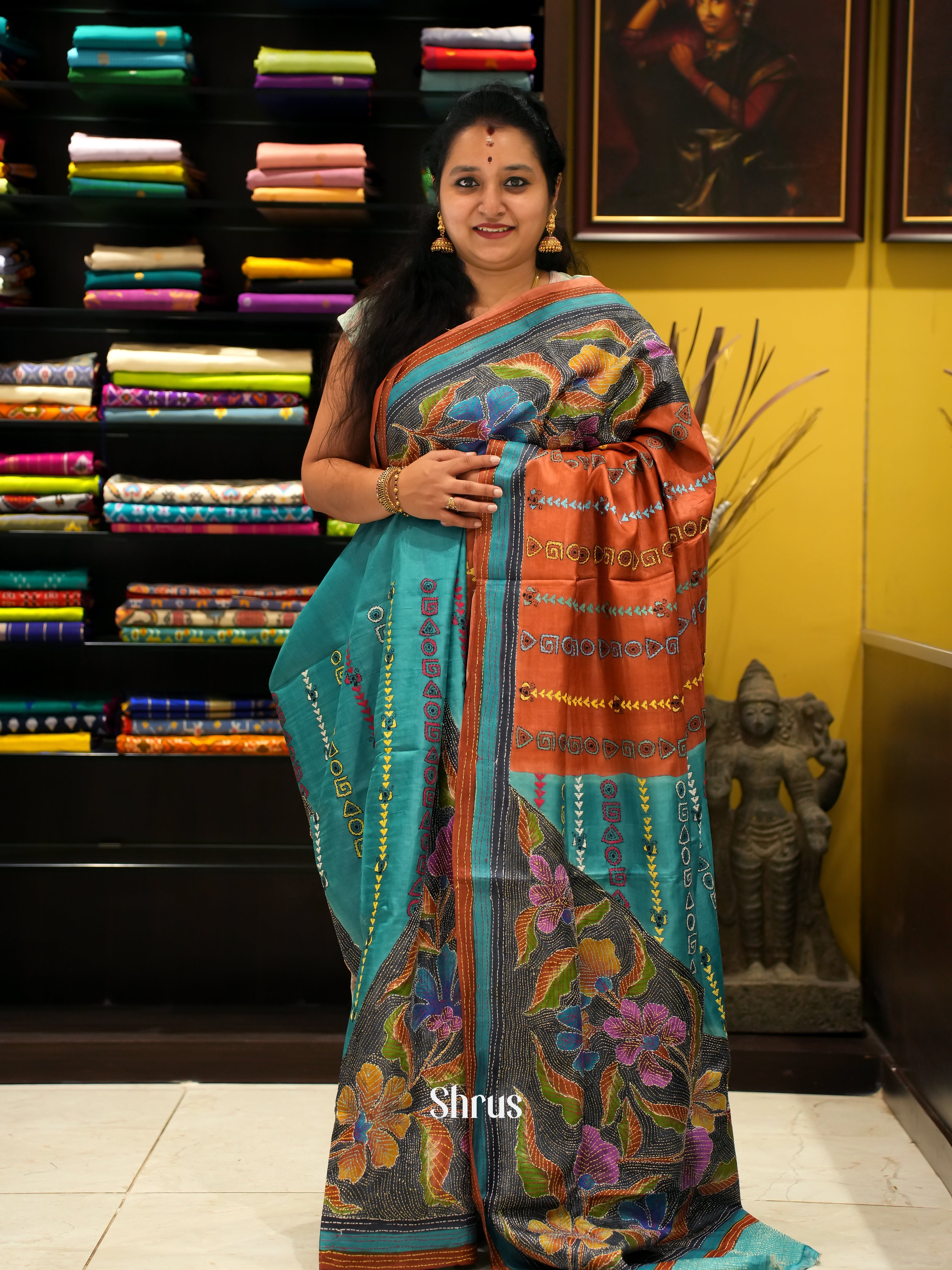 Teal & Brown - Tussar Saree with Kantha Stitch - Shop on ShrusEternity.com