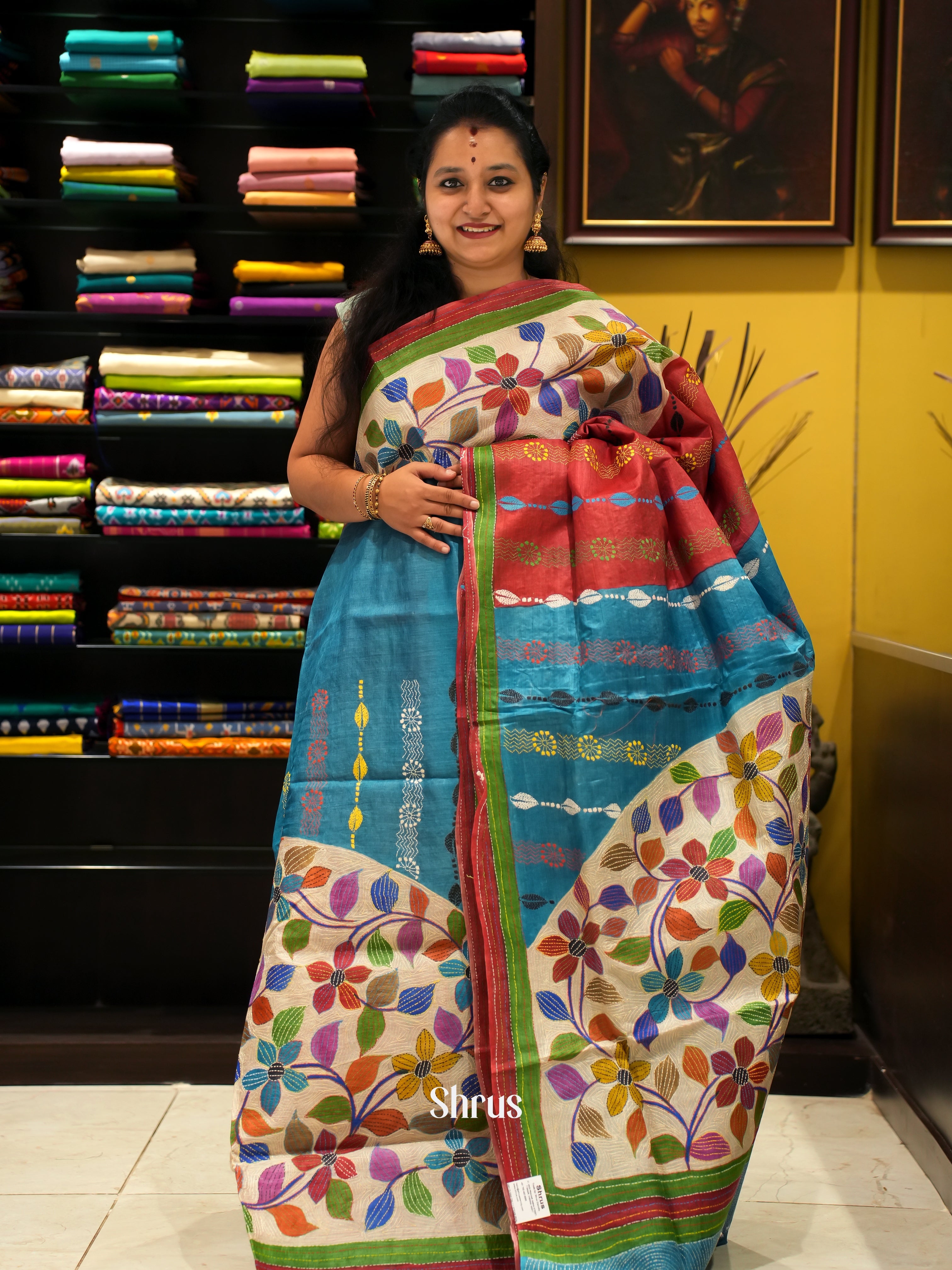 Blue & Red - Tussar Saree(Kantha Stitch) - Shop on ShrusEternity.com