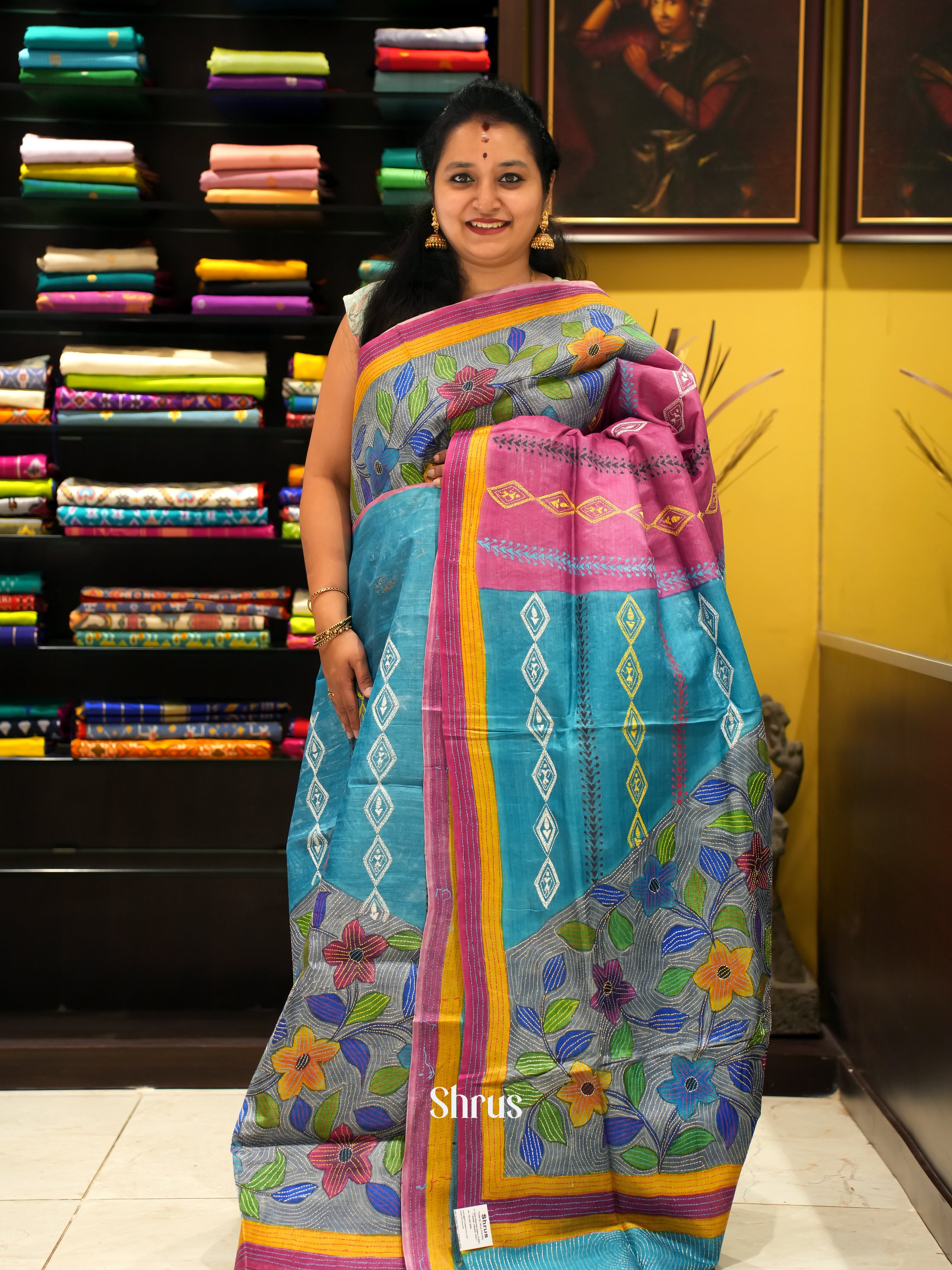 Blue & Pink - Tussar Saree with Kantha Stitch - Shop on ShrusEternity.com