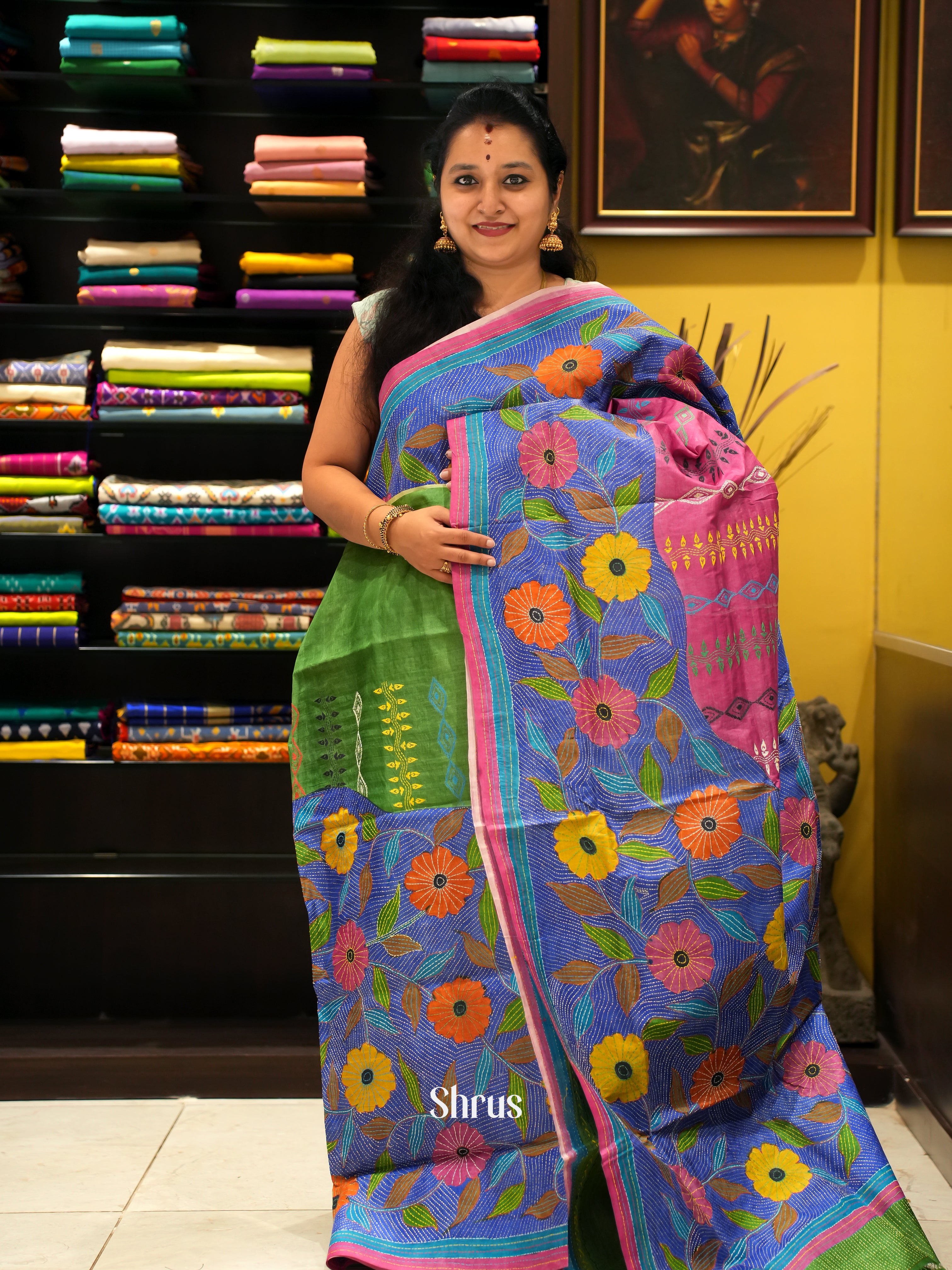 Green & Pink - Tussar Saree with Kantha stitch - Shop on ShrusEternity.com