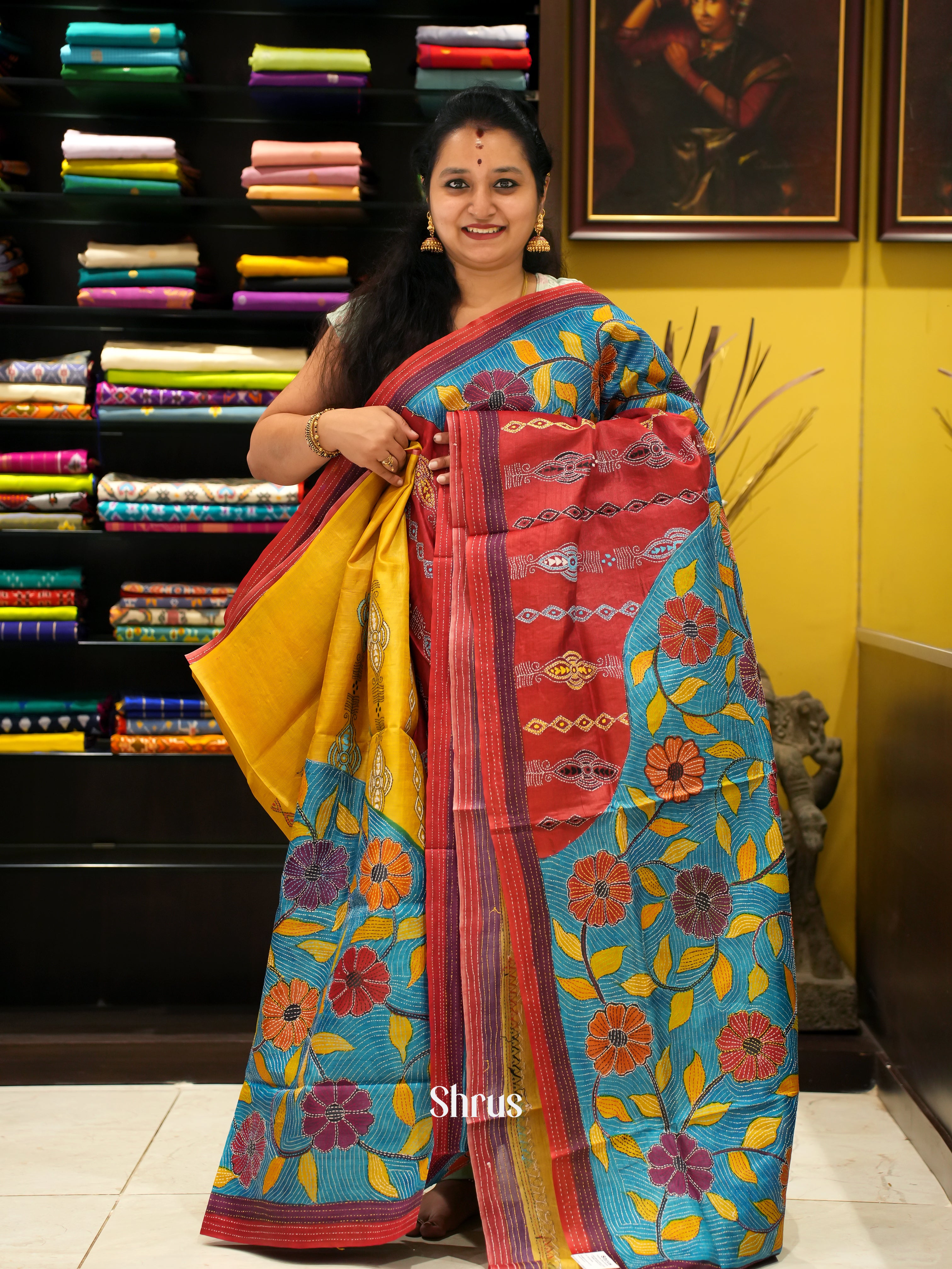 Yellow , Red, Blue - Tussar Saree(Kantha Stitch) - Shop on ShrusEternity.com