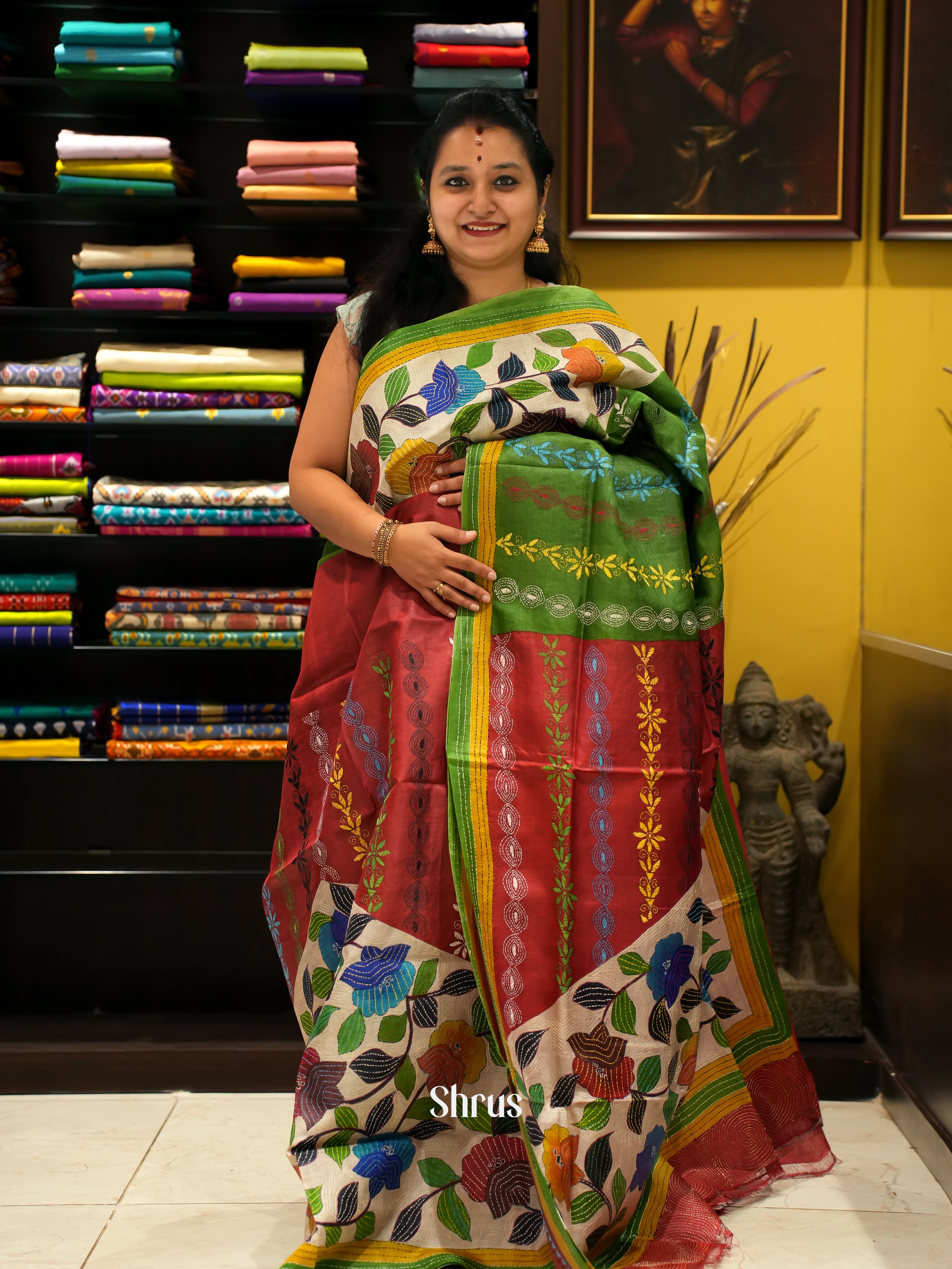Green & Red - Tussar Saree with Kantha Stitch - Shop on ShrusEternity.com