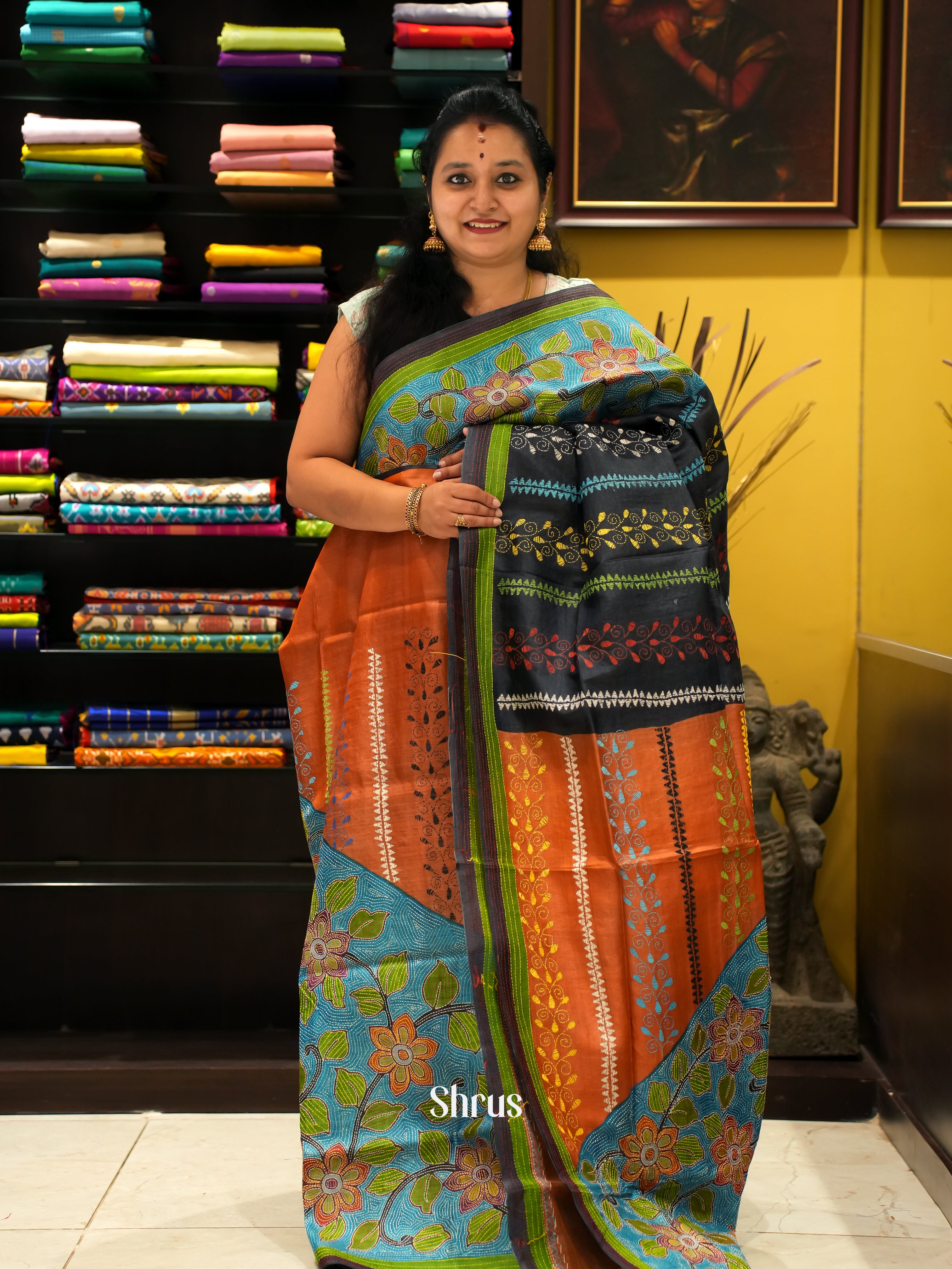 Black & Brick - Tussar Saree with Kantha Stitch - Shop on ShrusEternity.com