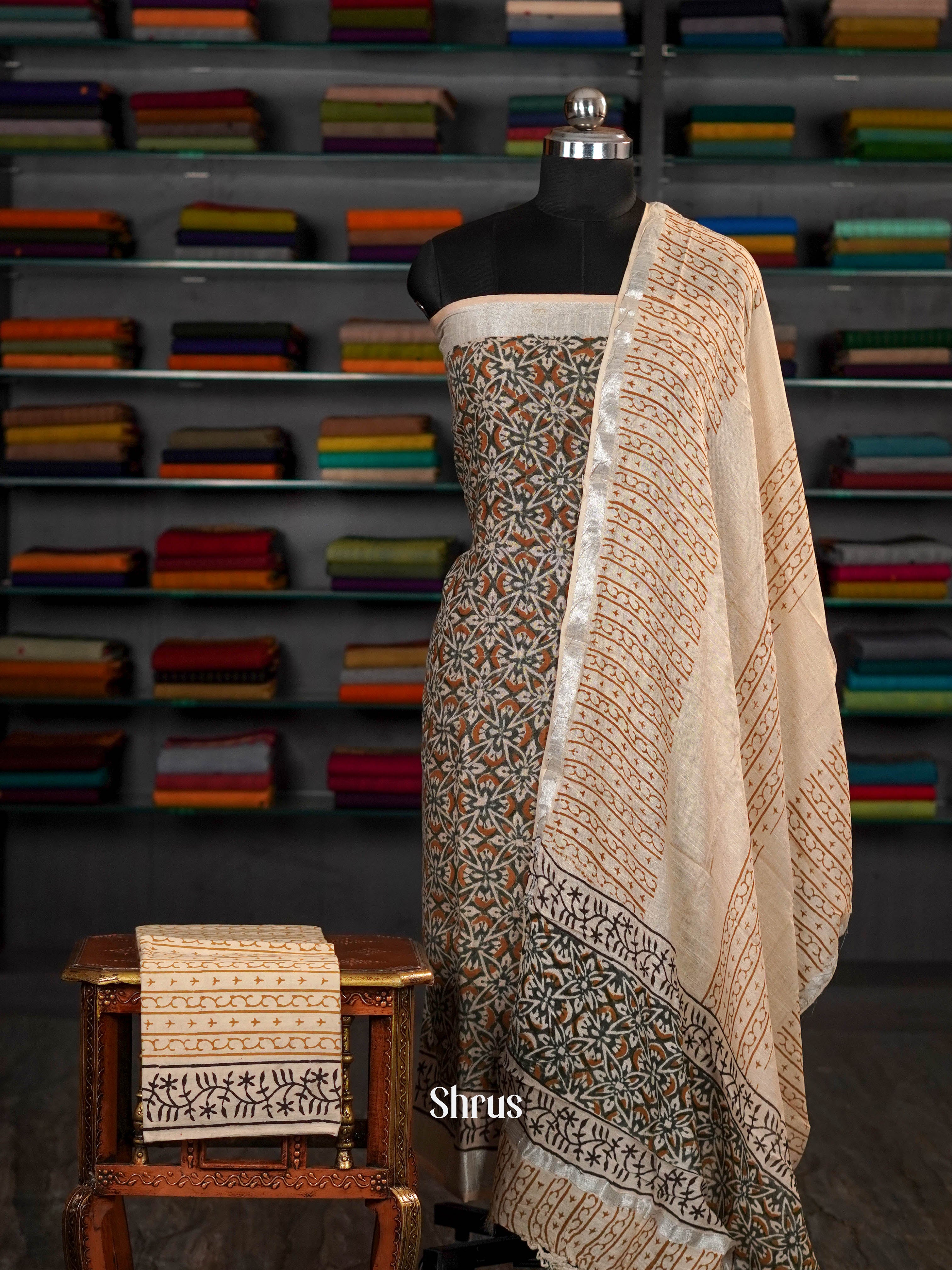 Cream & Green - unstitched salwar - Shop on ShrusEternity.com