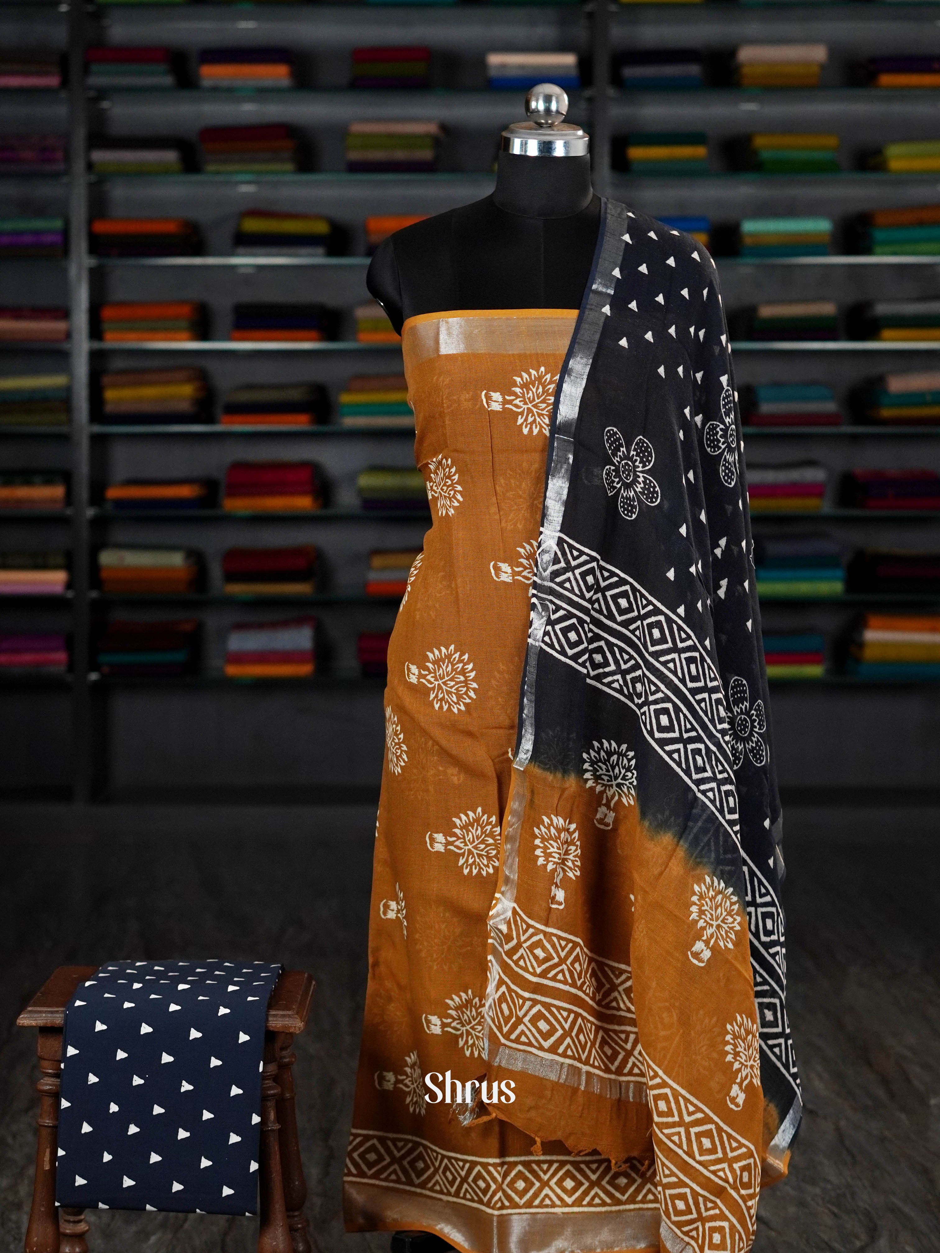 Mustard & Navy Blue - Linen Salwar - Shop on ShrusEternity.com