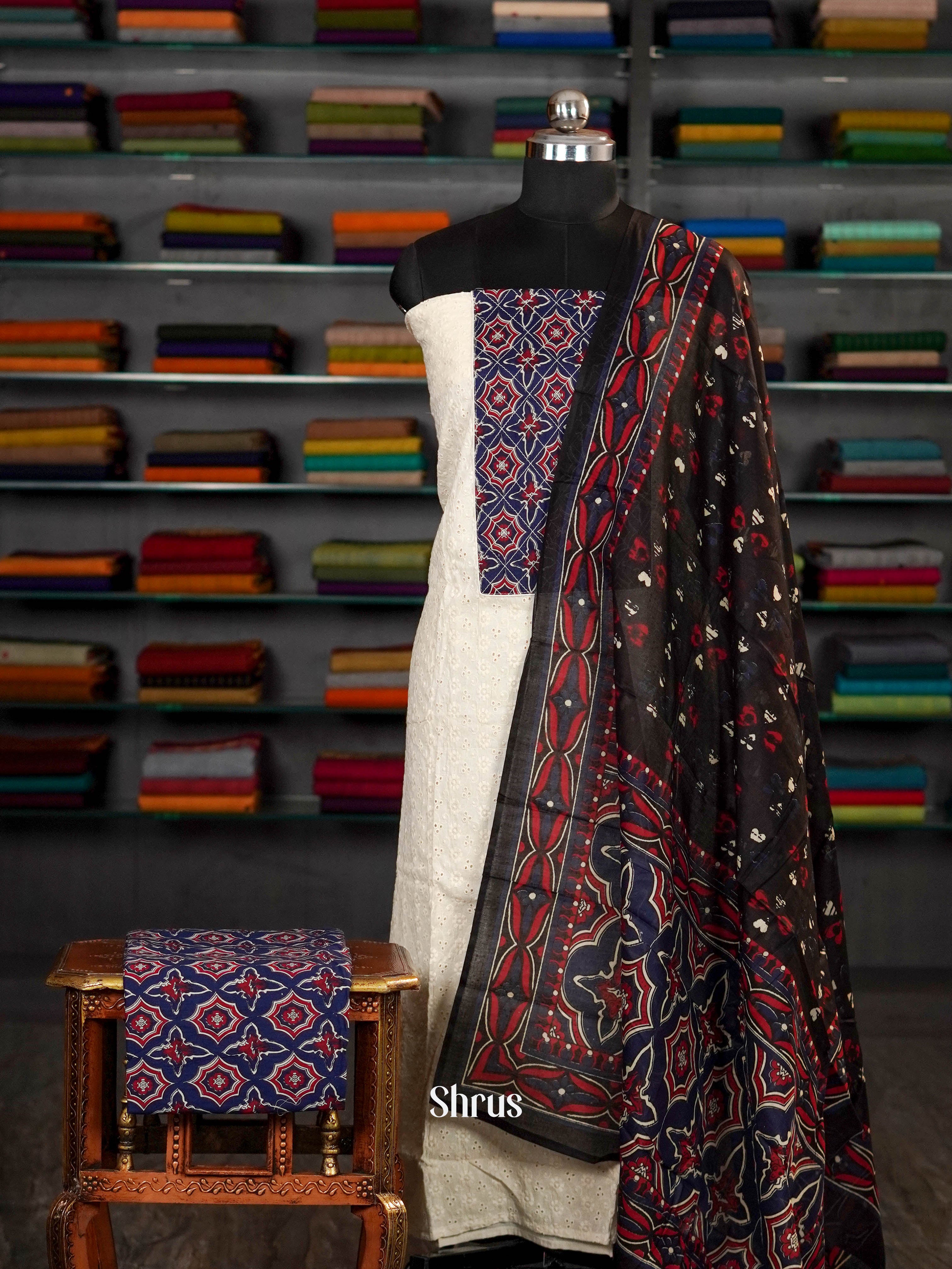 Cream & Blue & Black - unstitched salwar - Shop on ShrusEternity.com