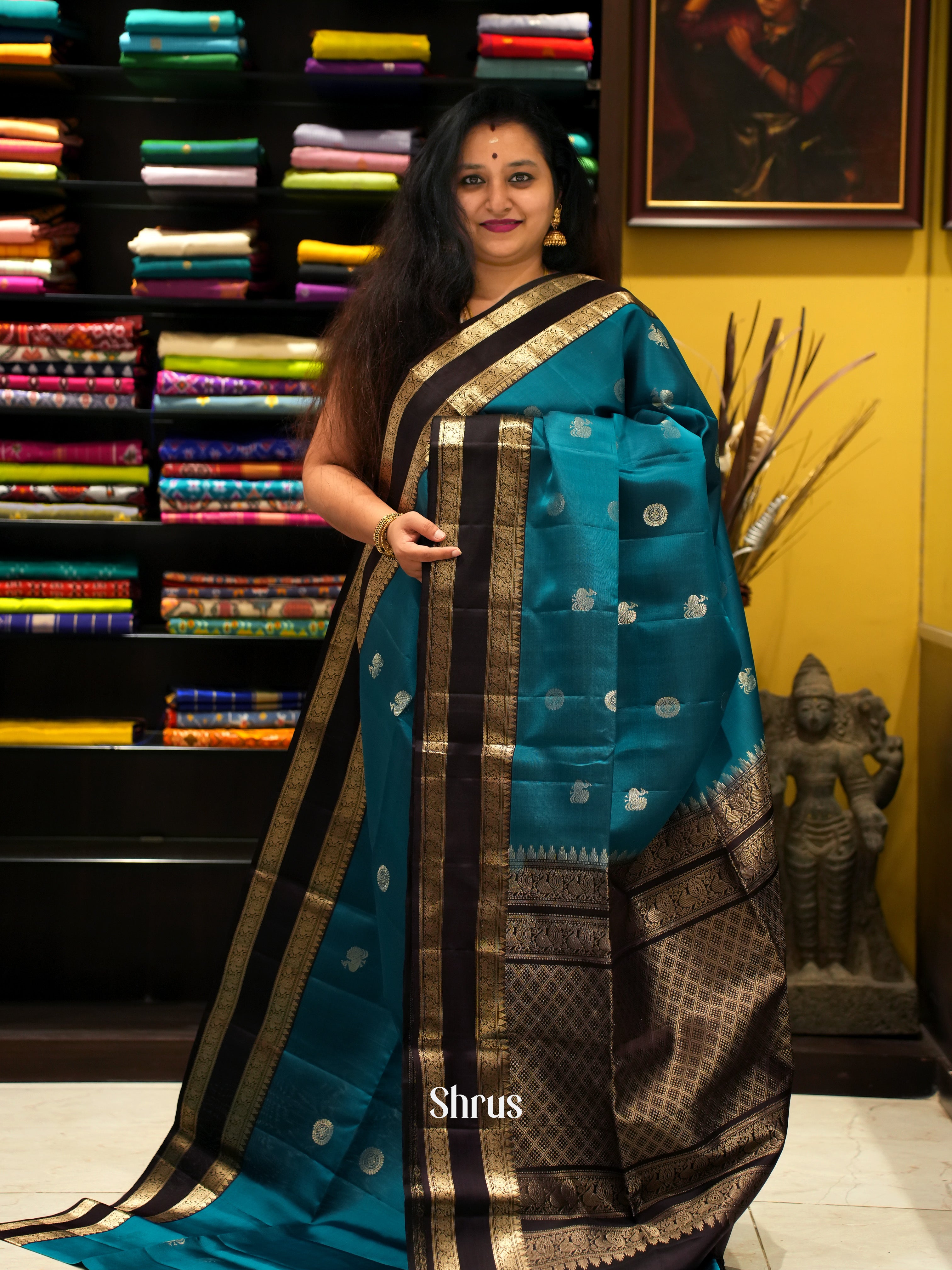 Teal & Black- Soft Silk Saree - Shop on ShrusEternity.com
