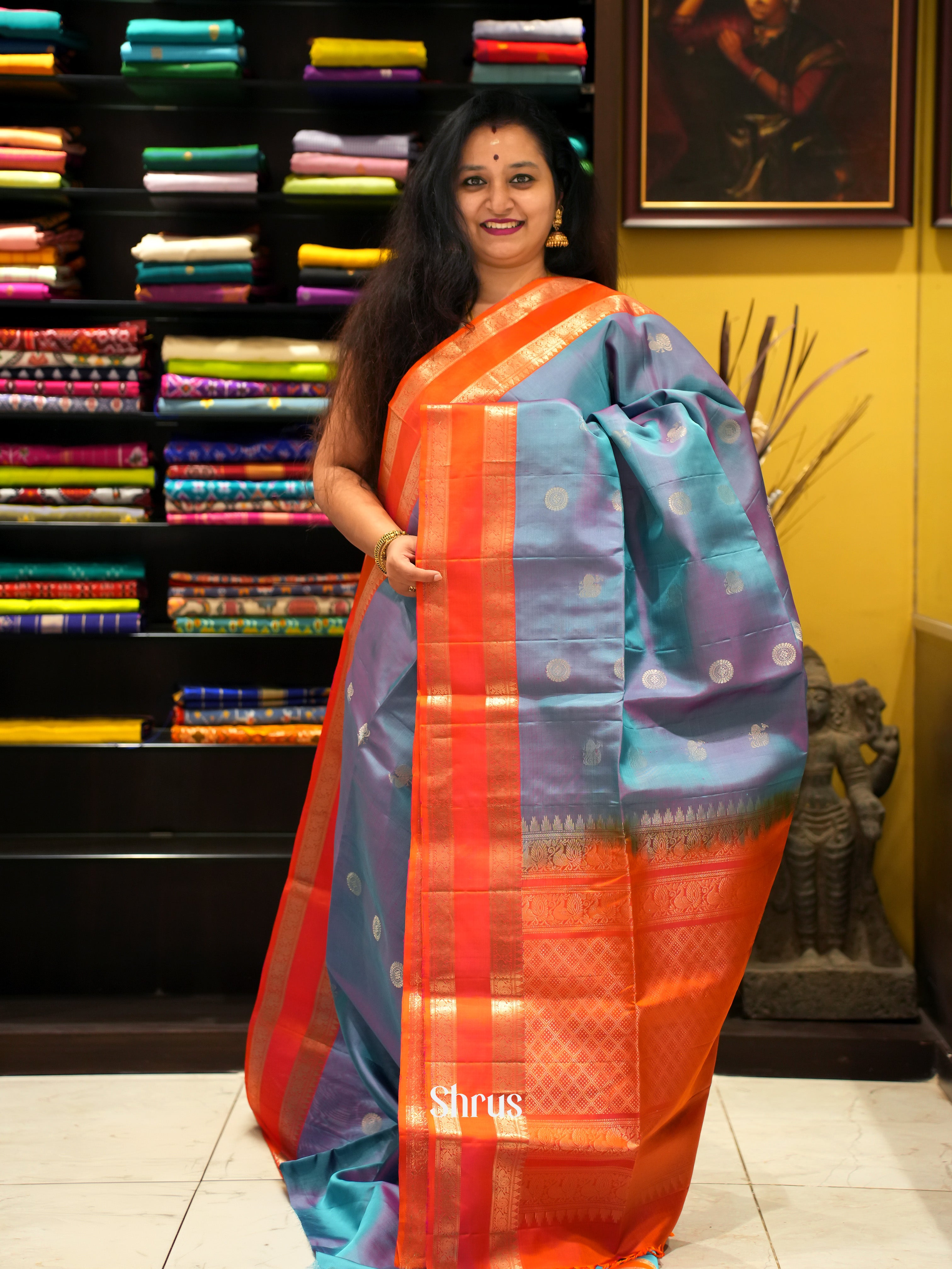 Blue & Orange - Soft Silk Saree - Shop on ShrusEternity.com
