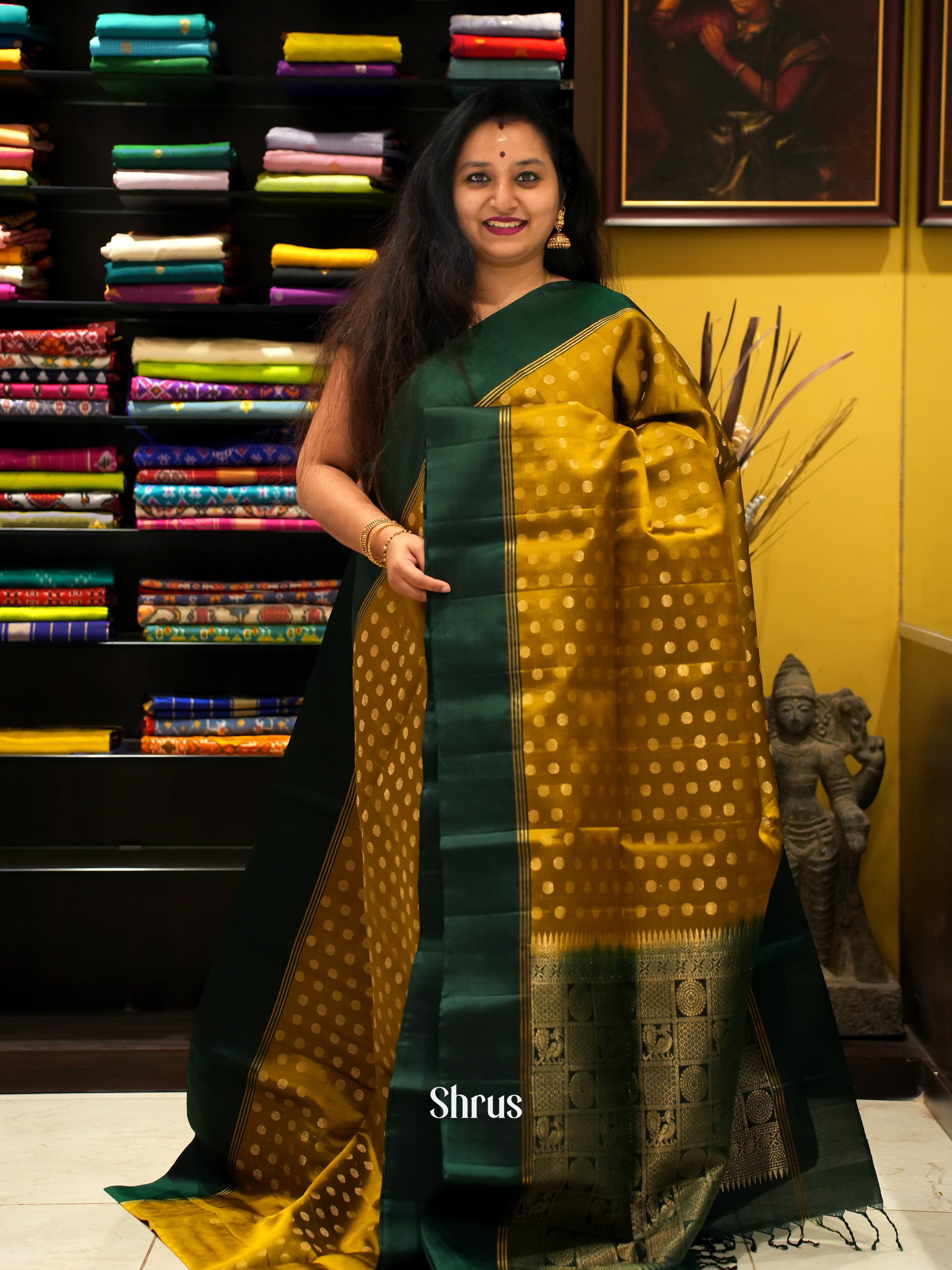 Mustardy Green & Green - Soft Silk Saree - Shop on ShrusEternity.com