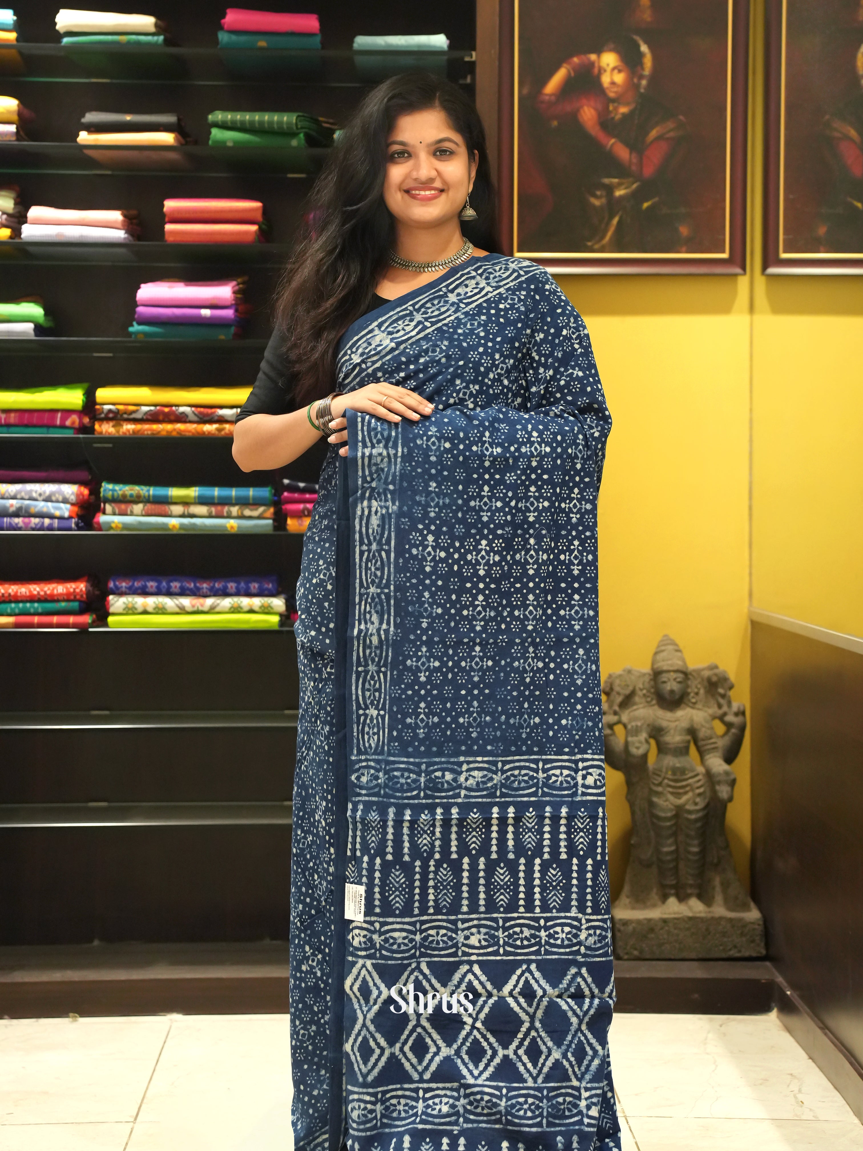 Blue - Jaipur cotton Saree - Shop on ShrusEternity.com