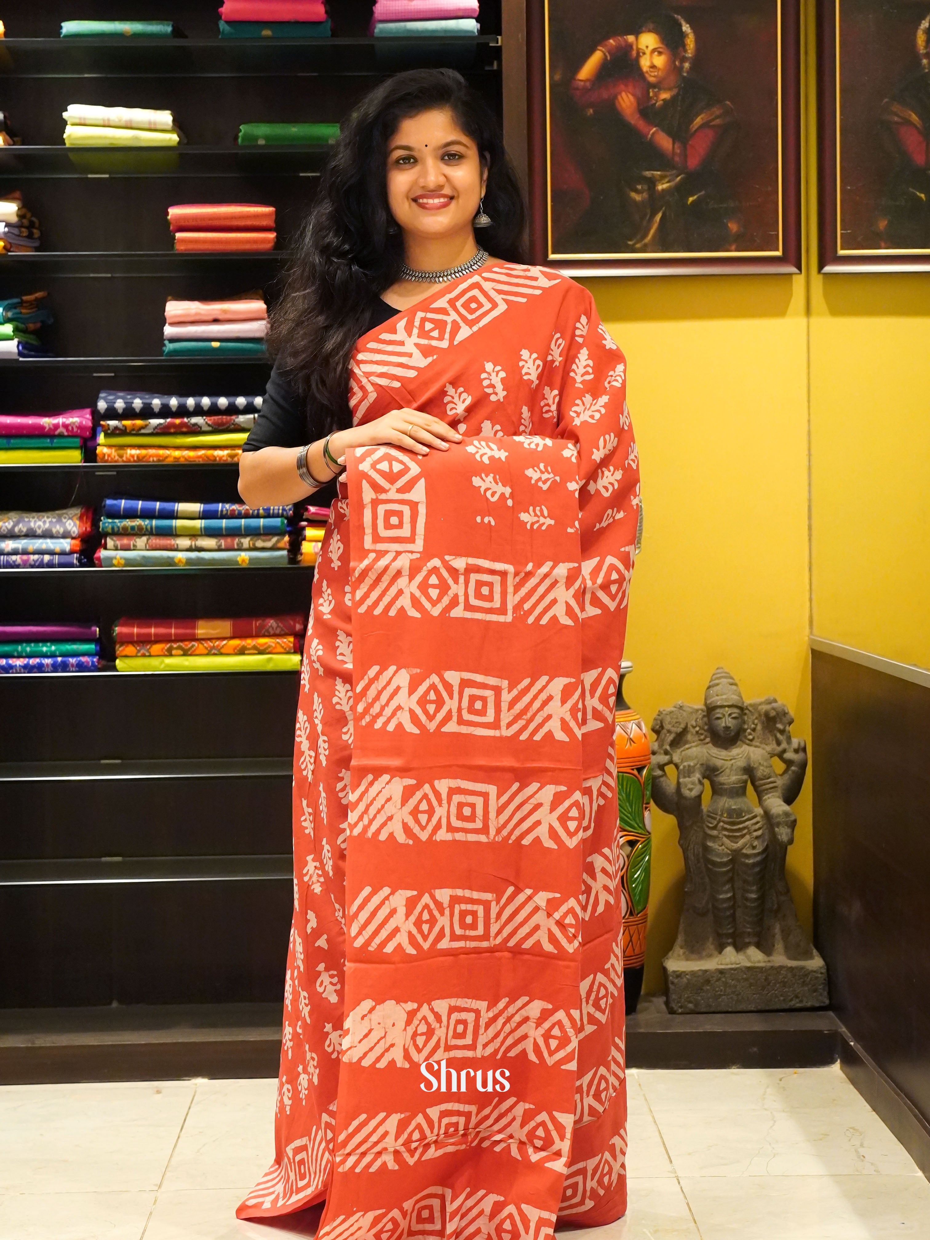 Brick Red - Jaipur cotton Saree - Shop on ShrusEternity.com