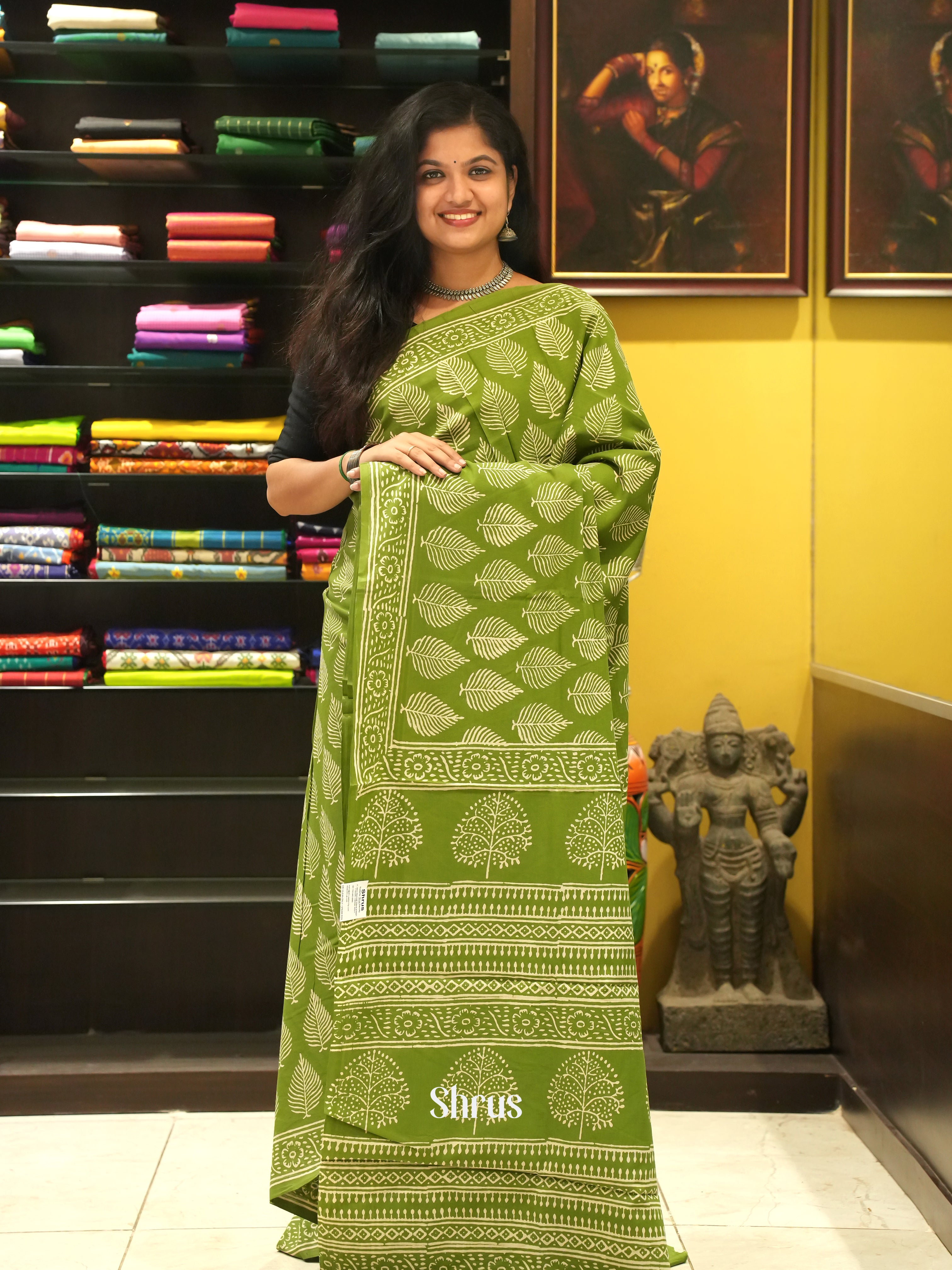 Green - Jaipur cotton Saree - Shop on ShrusEternity.com