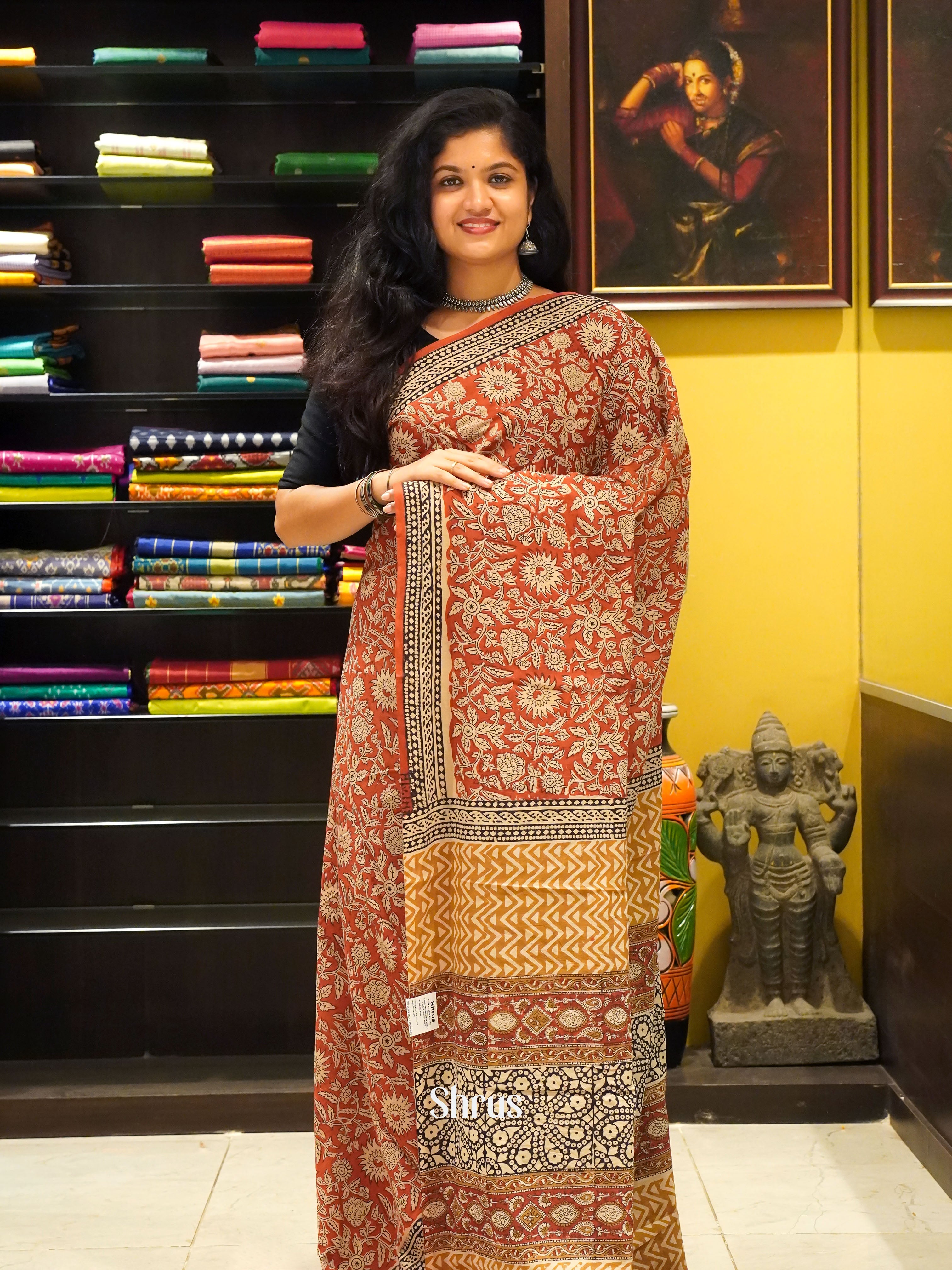 Brick & Cream - Jaipur cotton Saree - Shop on ShrusEternity.com