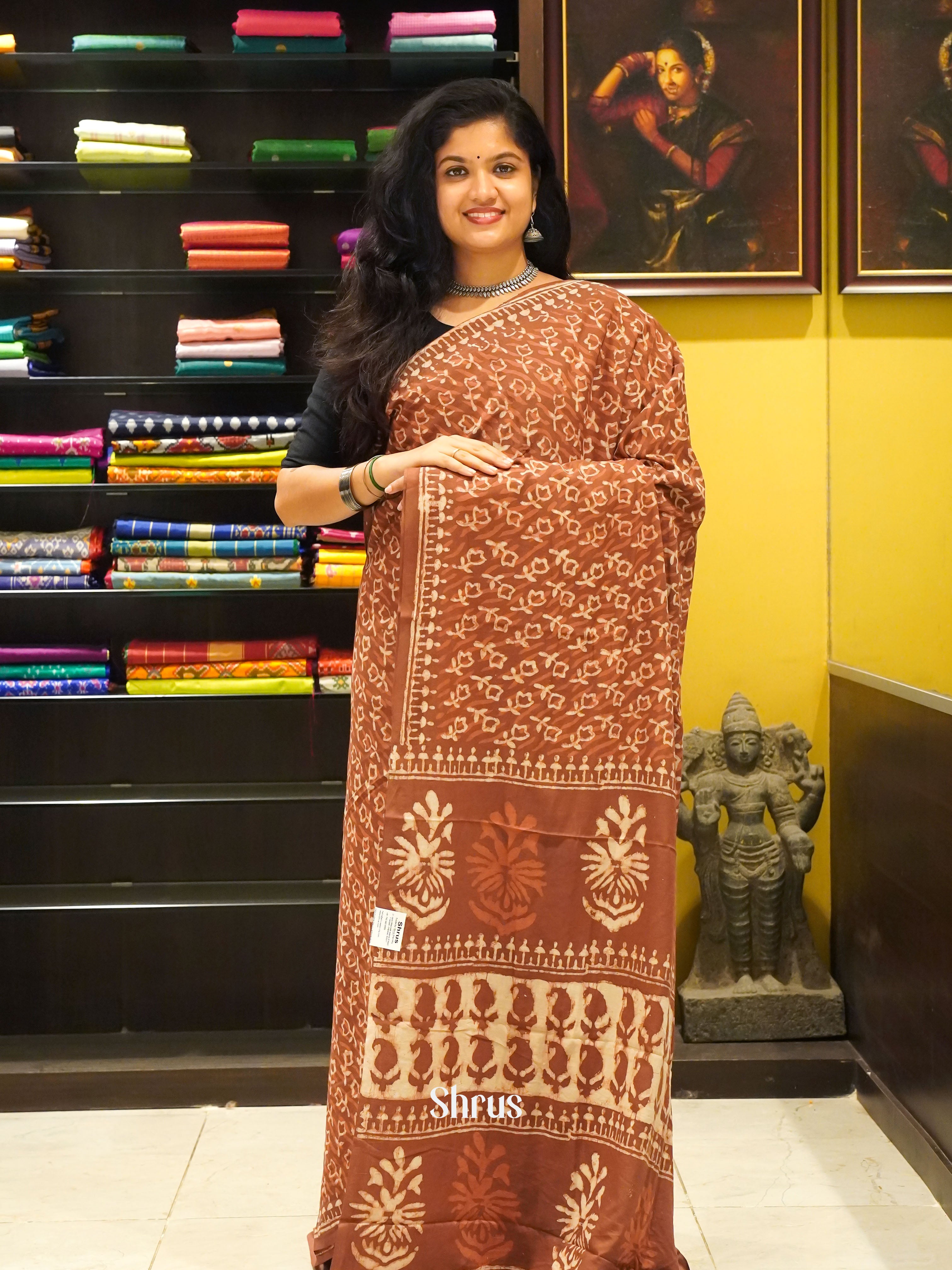 Brown - Jaipur cotton Saree - Shop on ShrusEternity.com