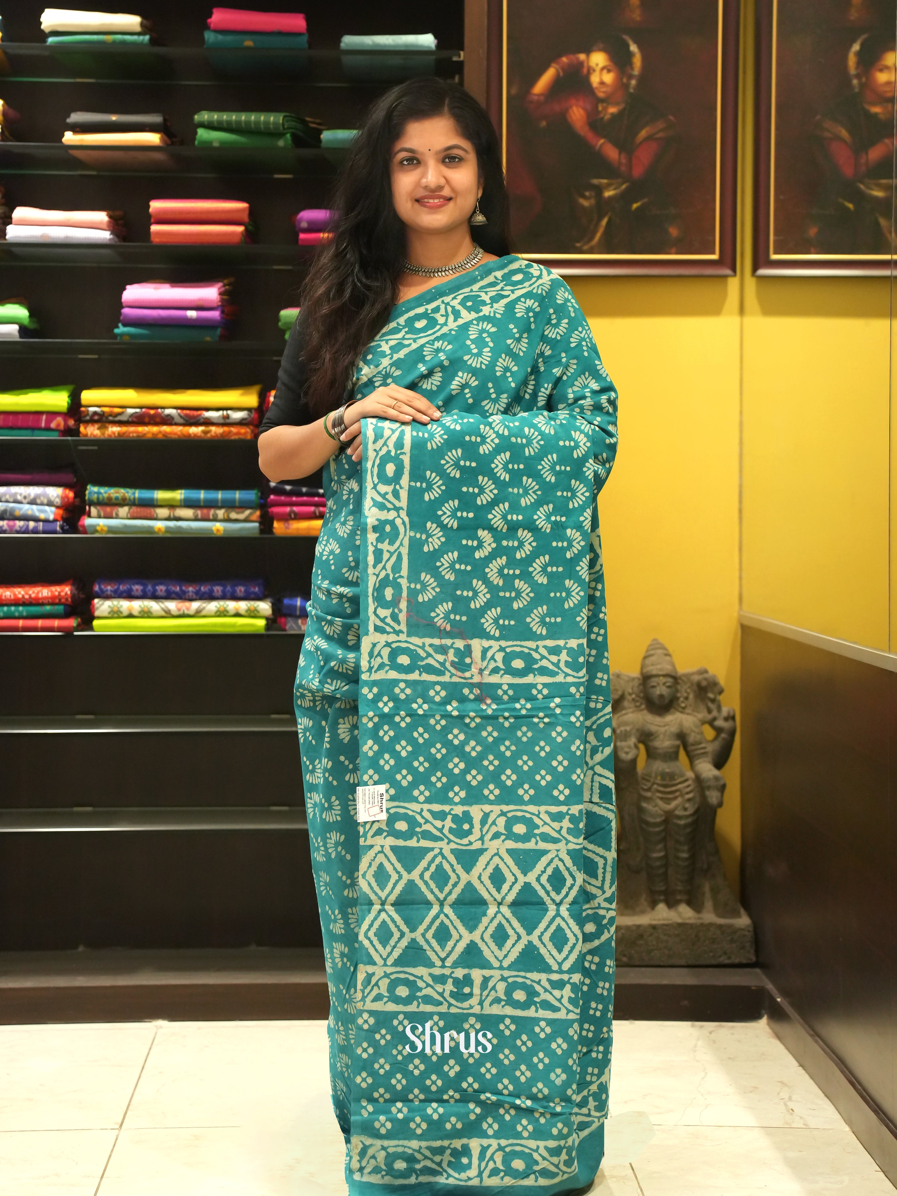 Teal - Jaipur cotton Saree - Shop on ShrusEternity.com