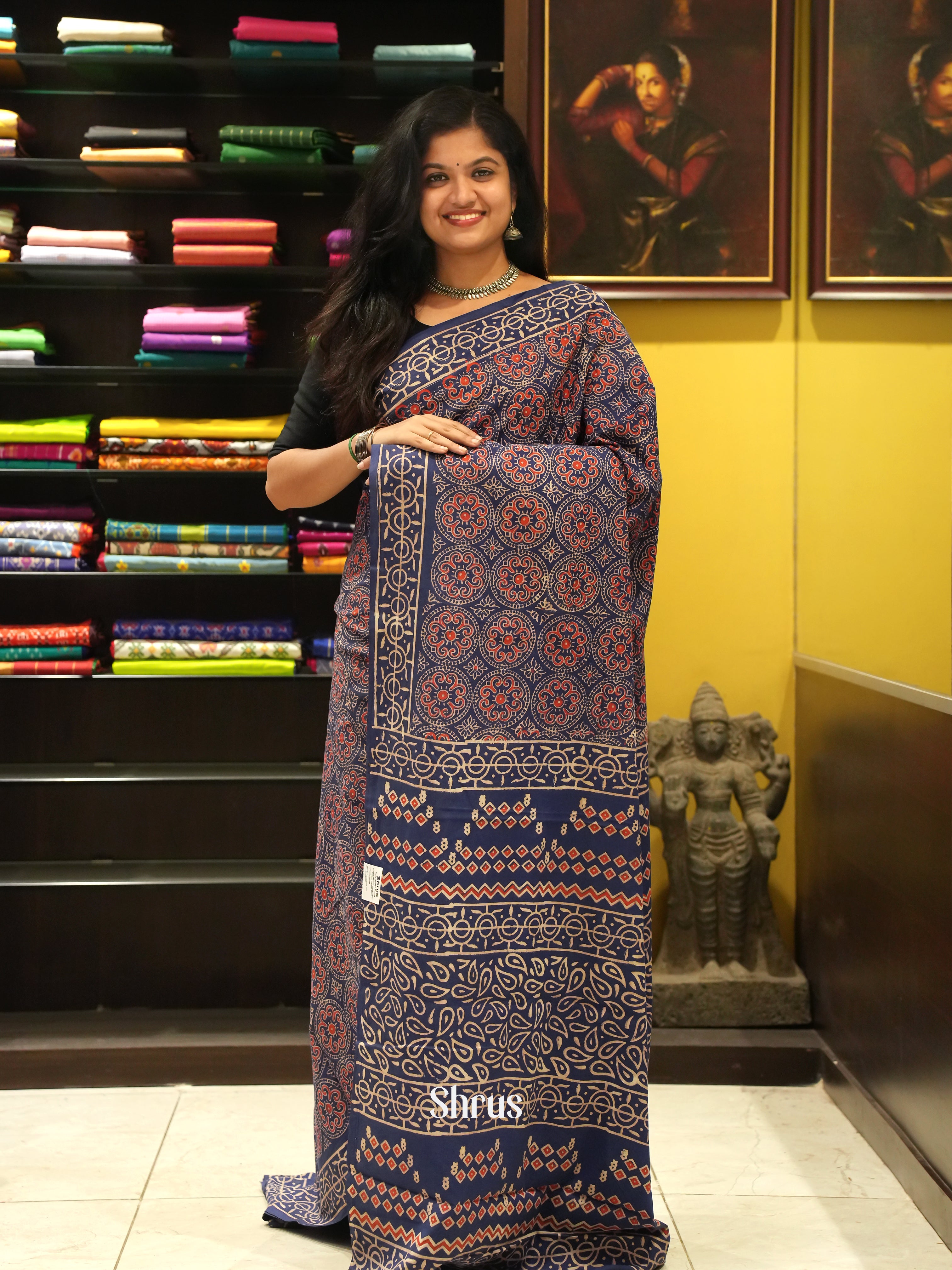 Blue & Red -Jaipur cotton Saree - Shop on ShrusEternity.com