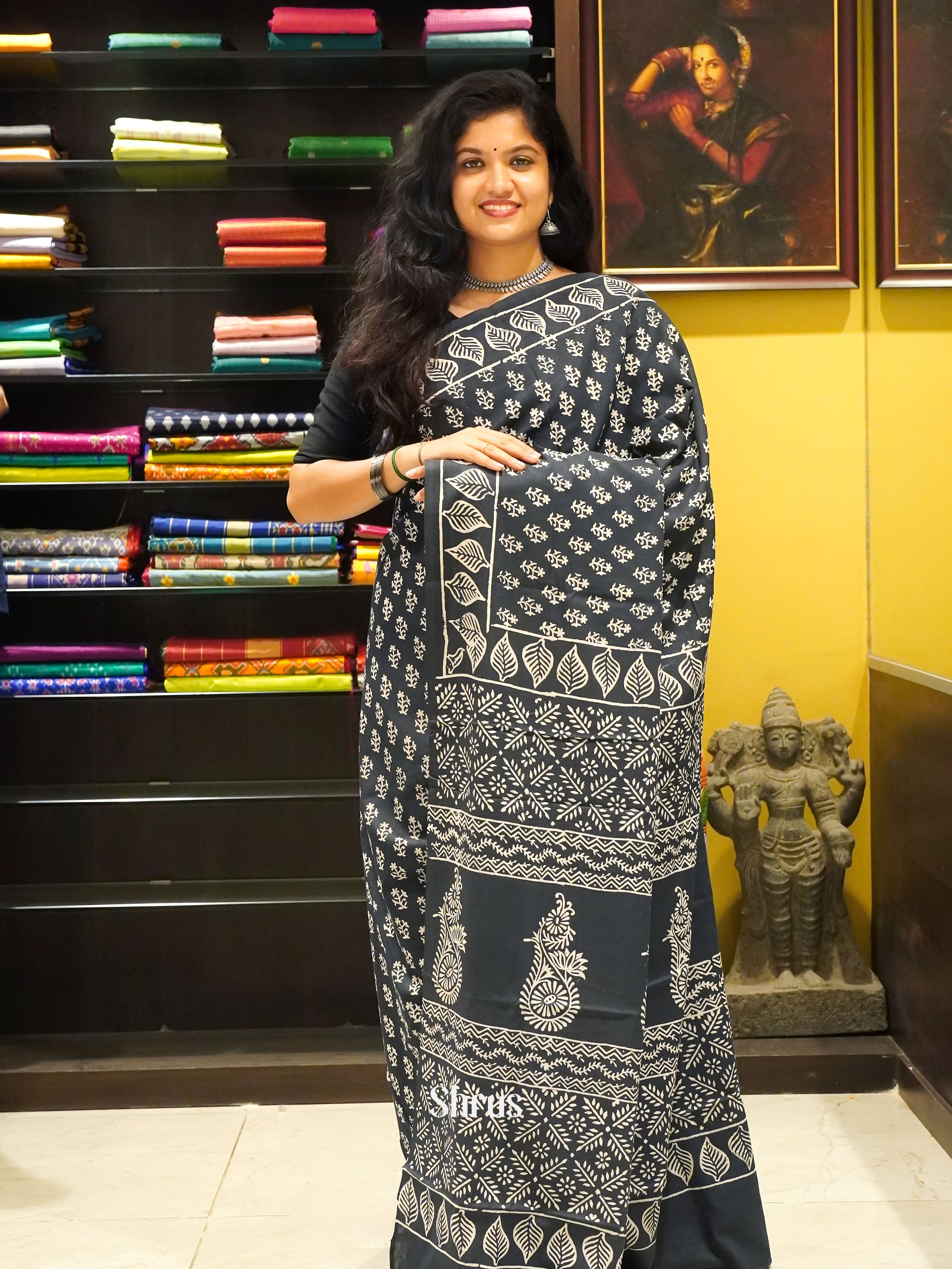 Black -Jaipur cotton Saree - Shop on ShrusEternity.com