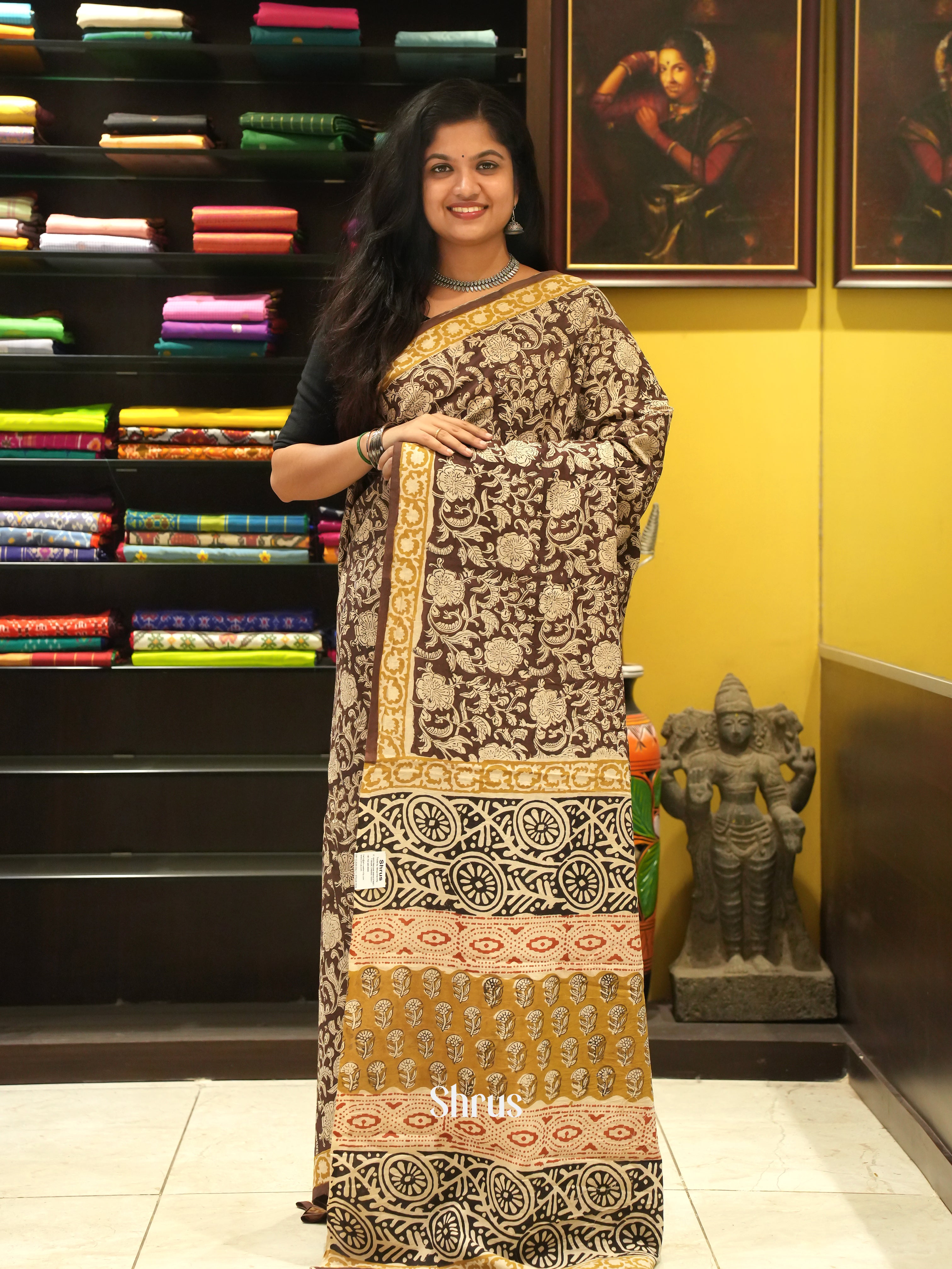 Brown & Cream - Jaipur cotton Saree - Shop on ShrusEternity.com