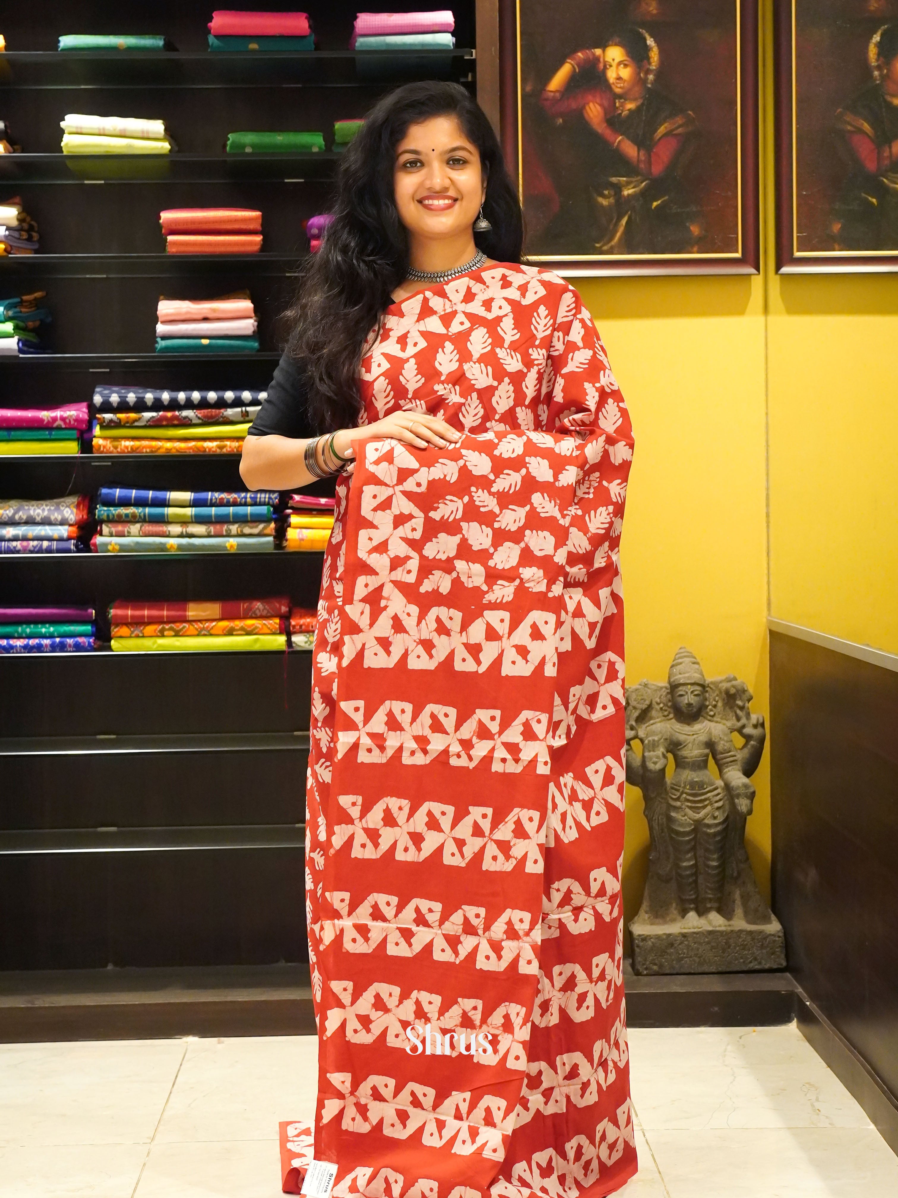 Red - Jaipur cotton Saree - Shop on ShrusEternity.com
