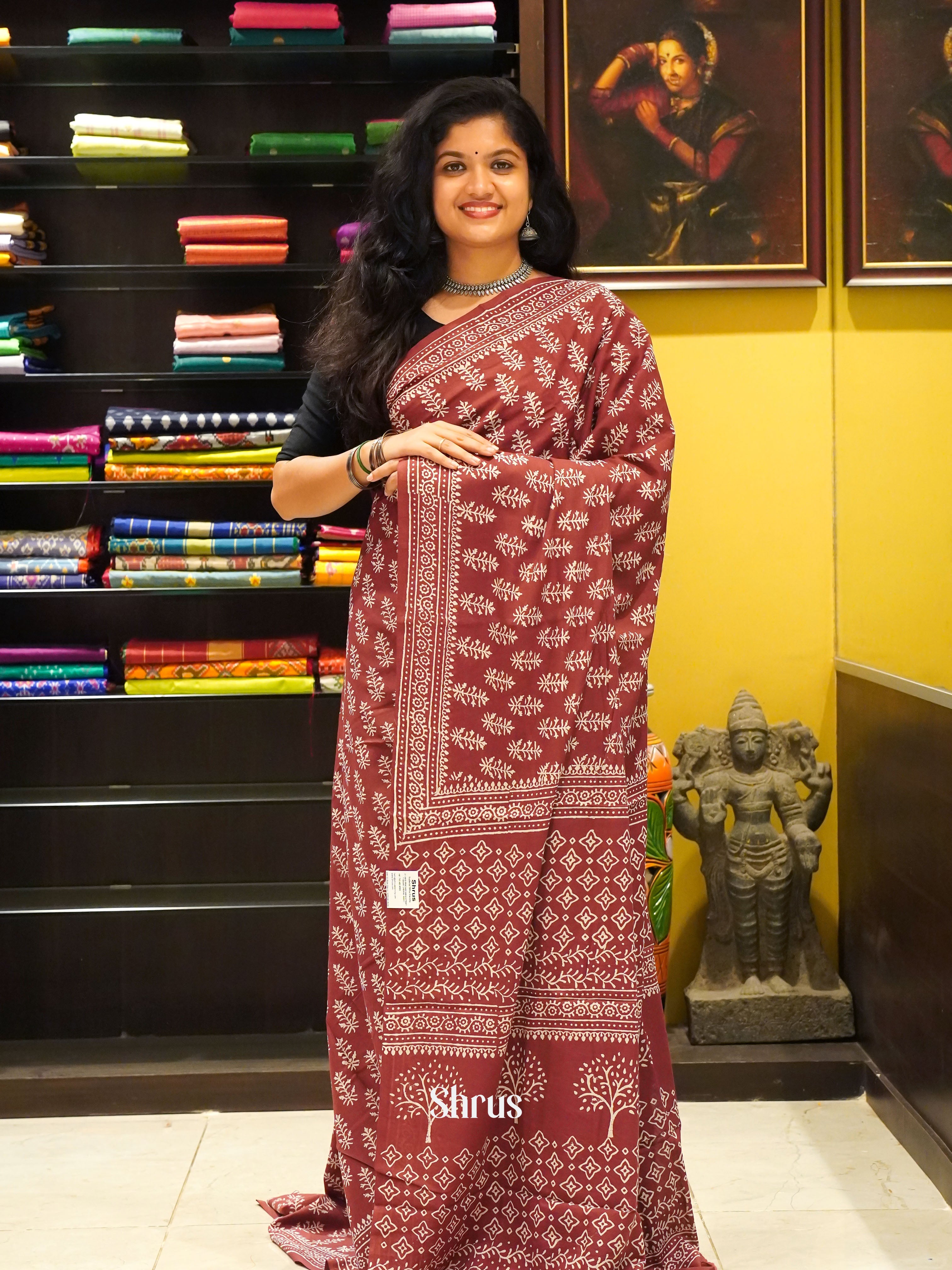 Brown -Jaipur cotton Saree - Shop on ShrusEternity.com
