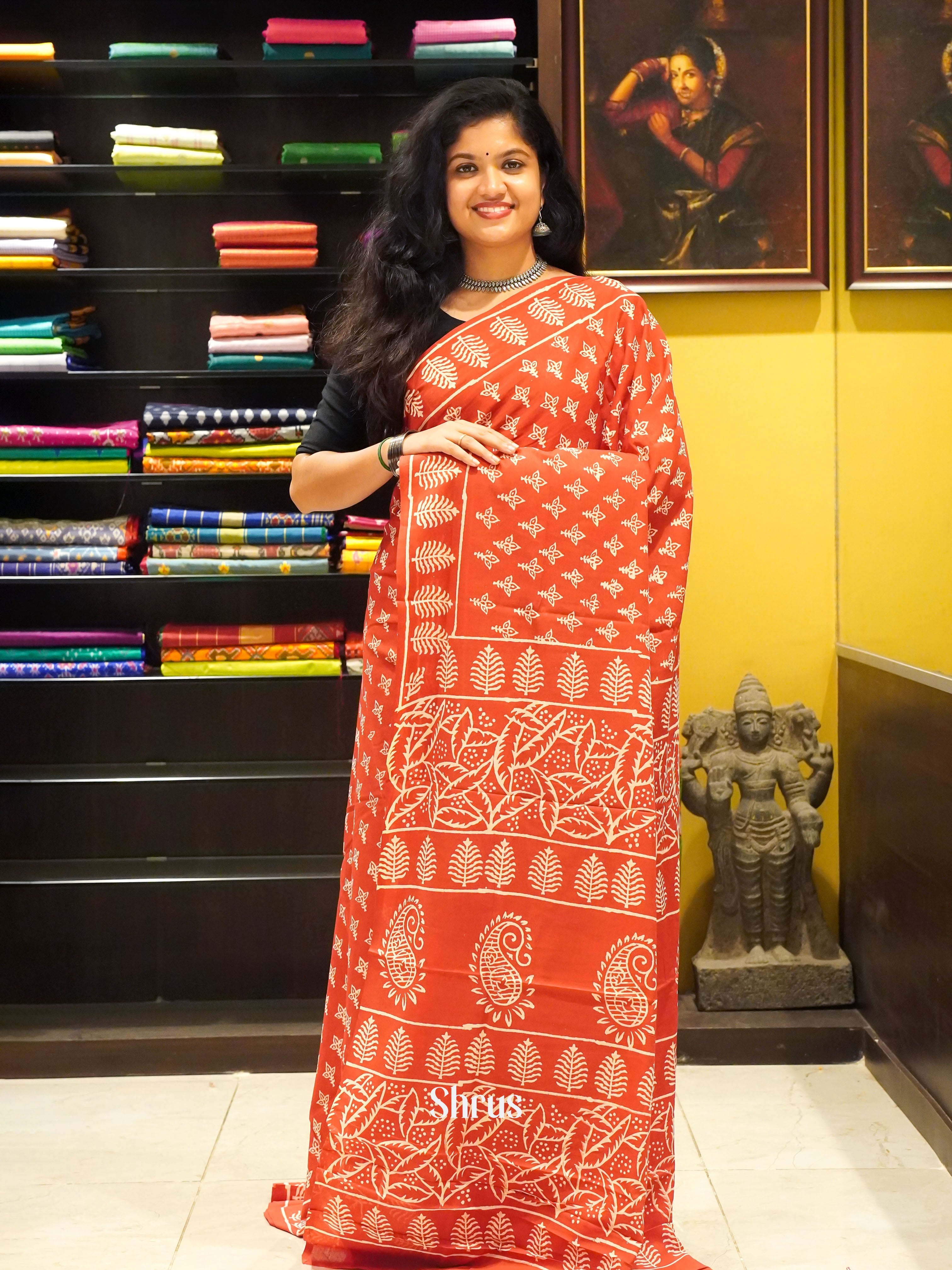 Red - Jaipur cotton Saree - Shop on ShrusEternity.com