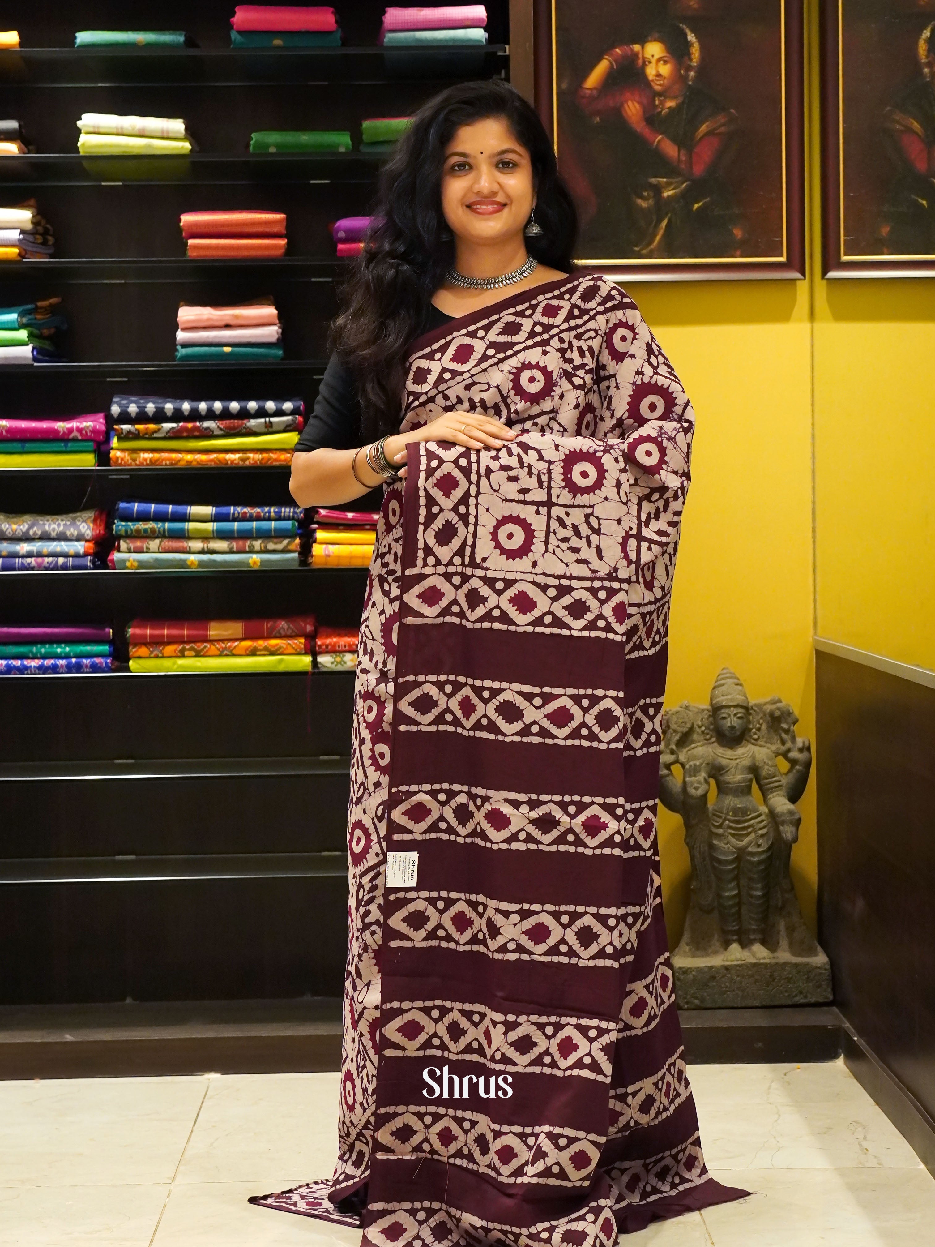 Cream & Maroon -Jaipur cotton Saree - Shop on ShrusEternity.com