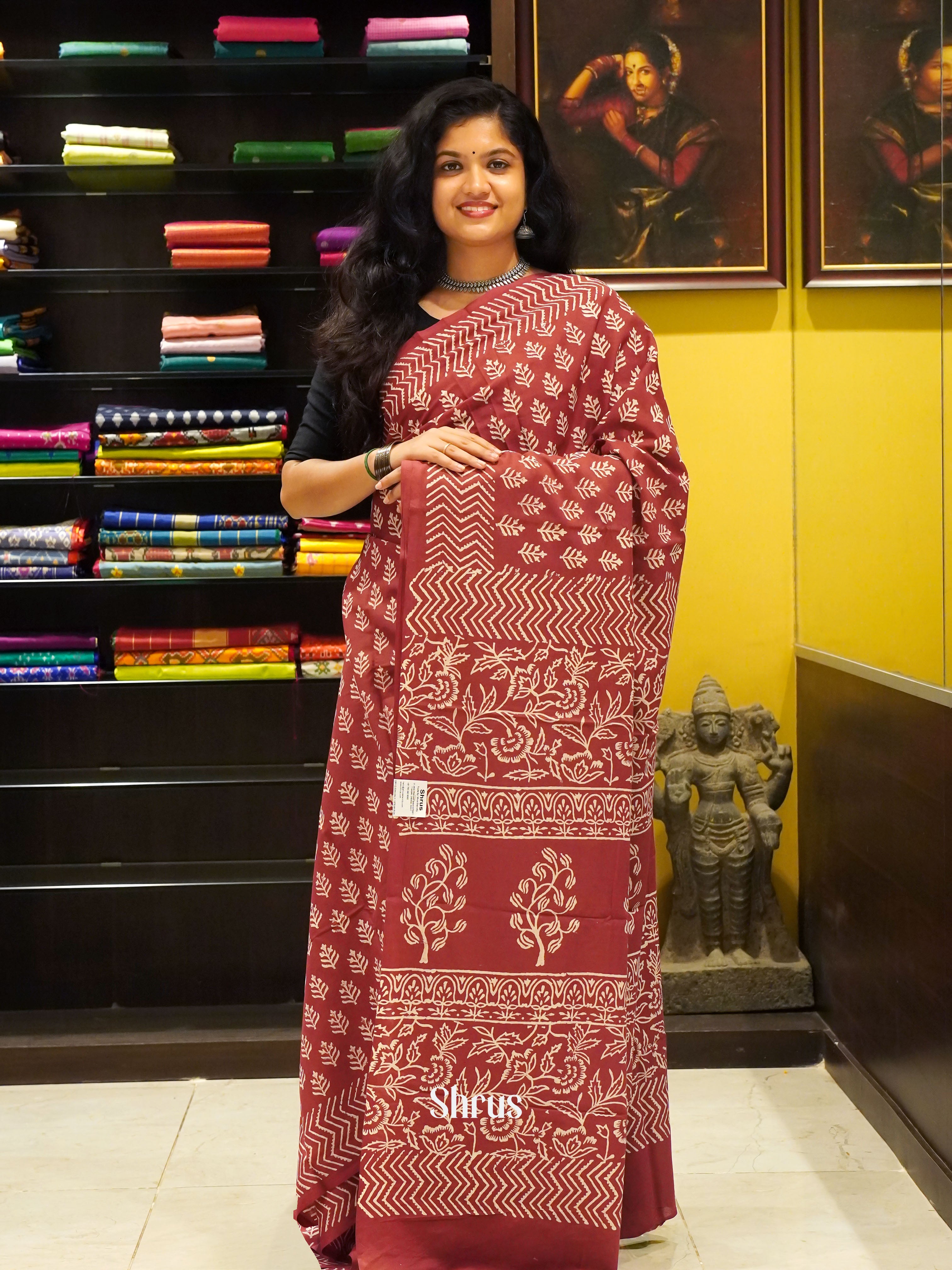 Red -Jaipur cotton Saree - Shop on ShrusEternity.com