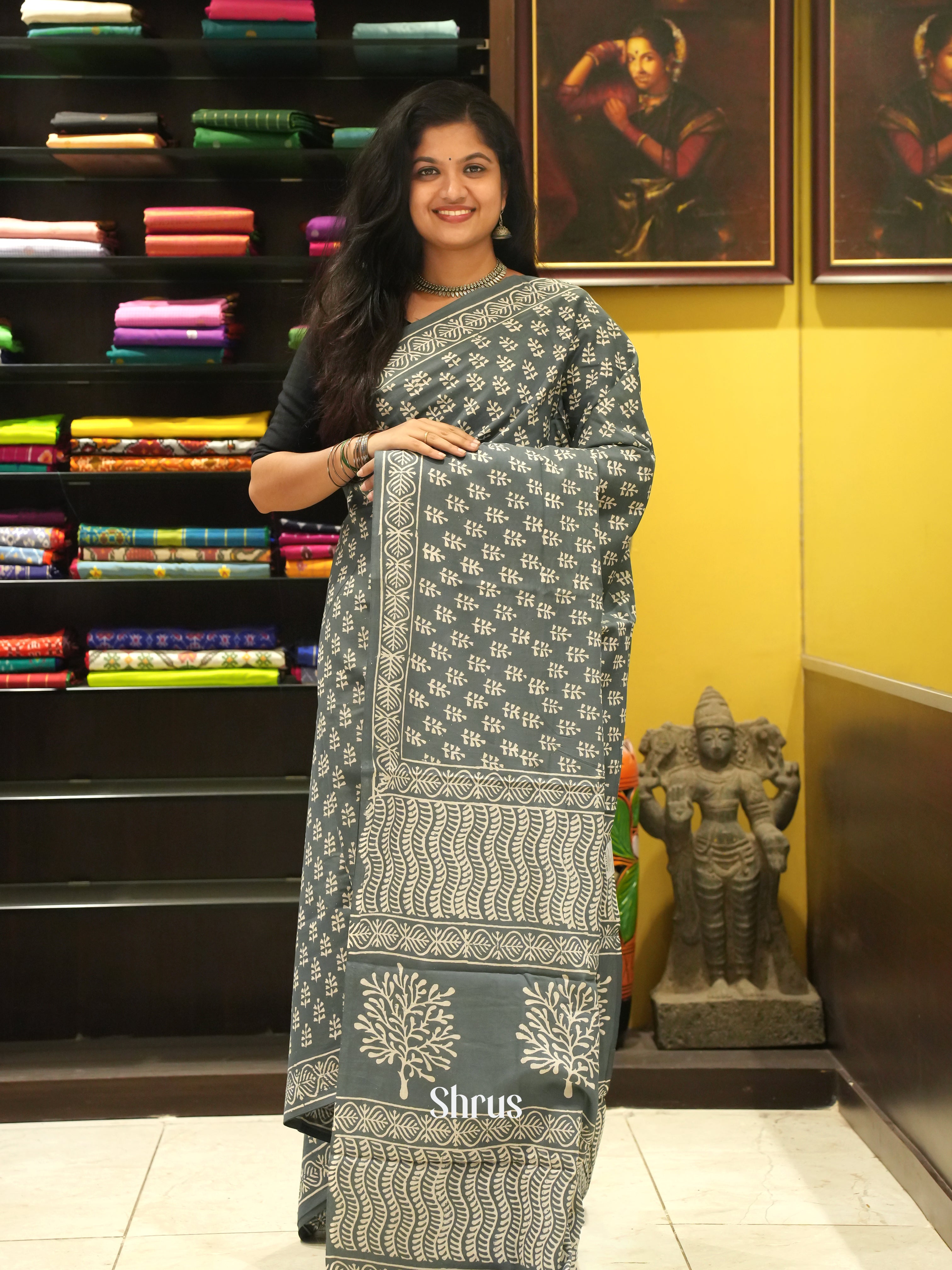 Grey - Jaipur cotton Saree - Shop on ShrusEternity.com