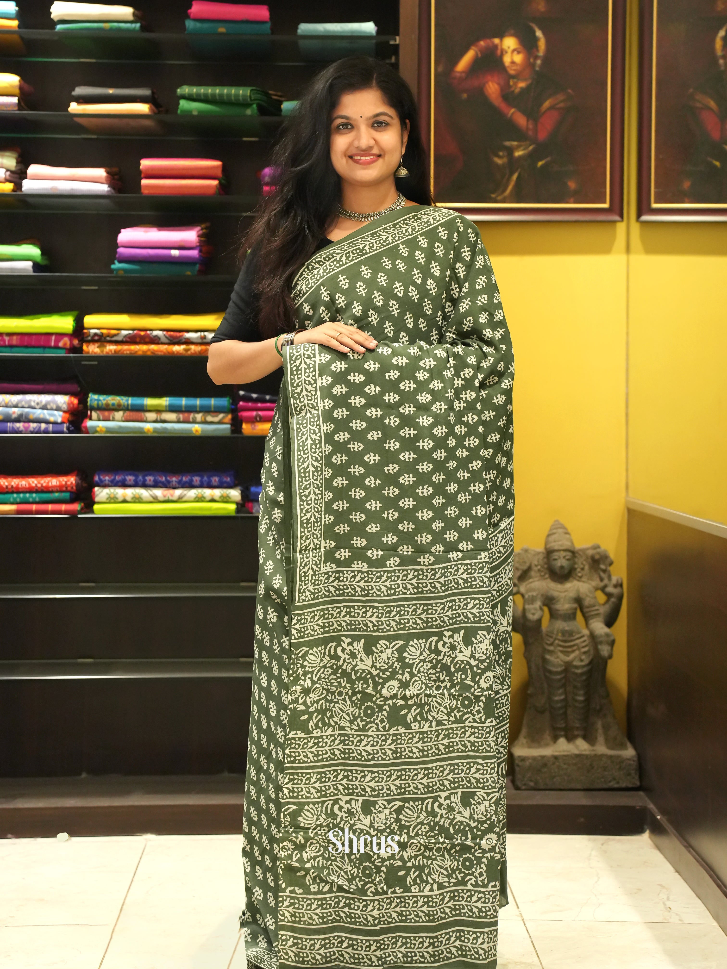 Green - Jaipur cotton Saree - Shop on ShrusEternity.com