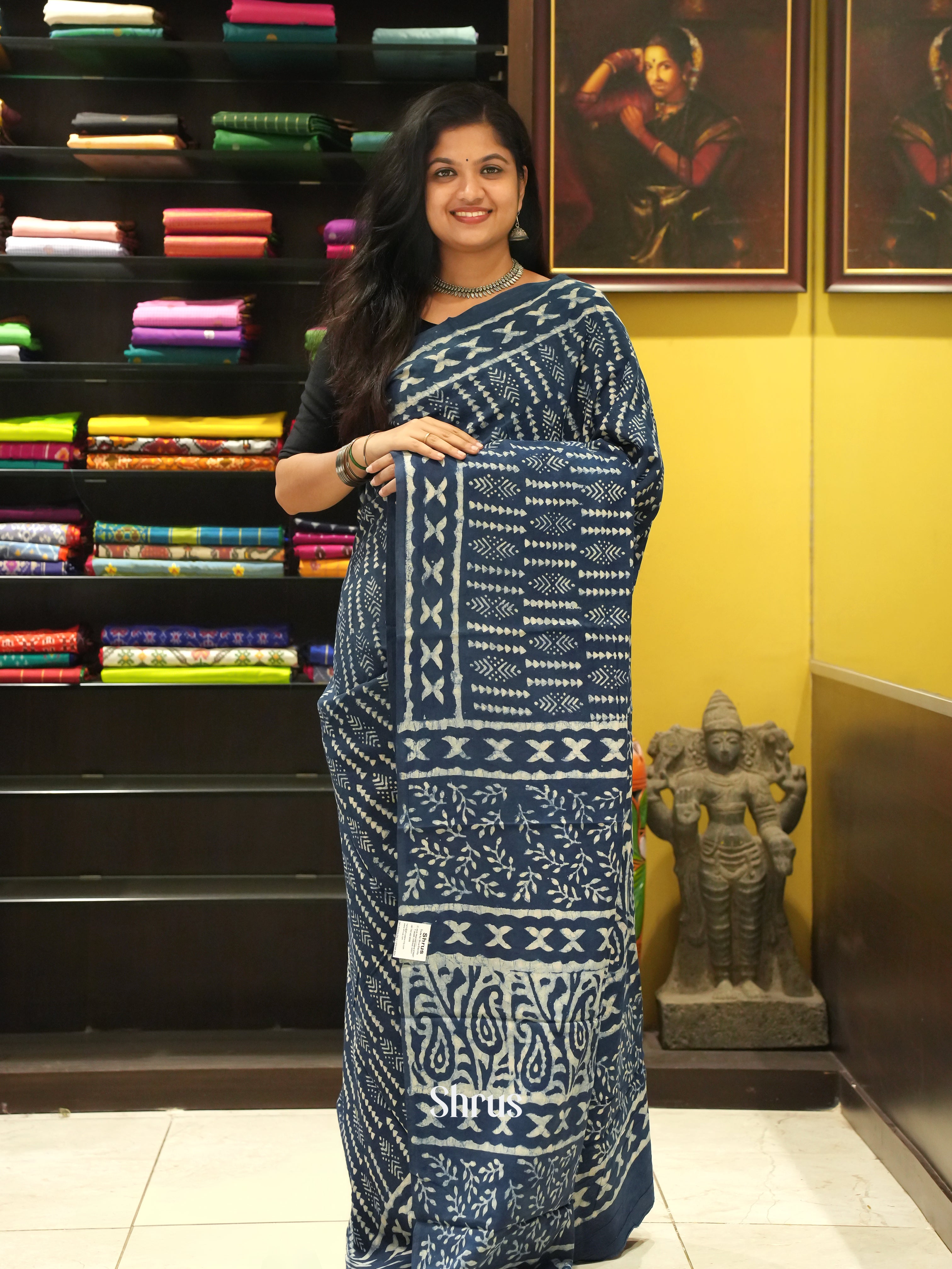 Blue -Jaipur cotton Saree - Shop on ShrusEternity.com