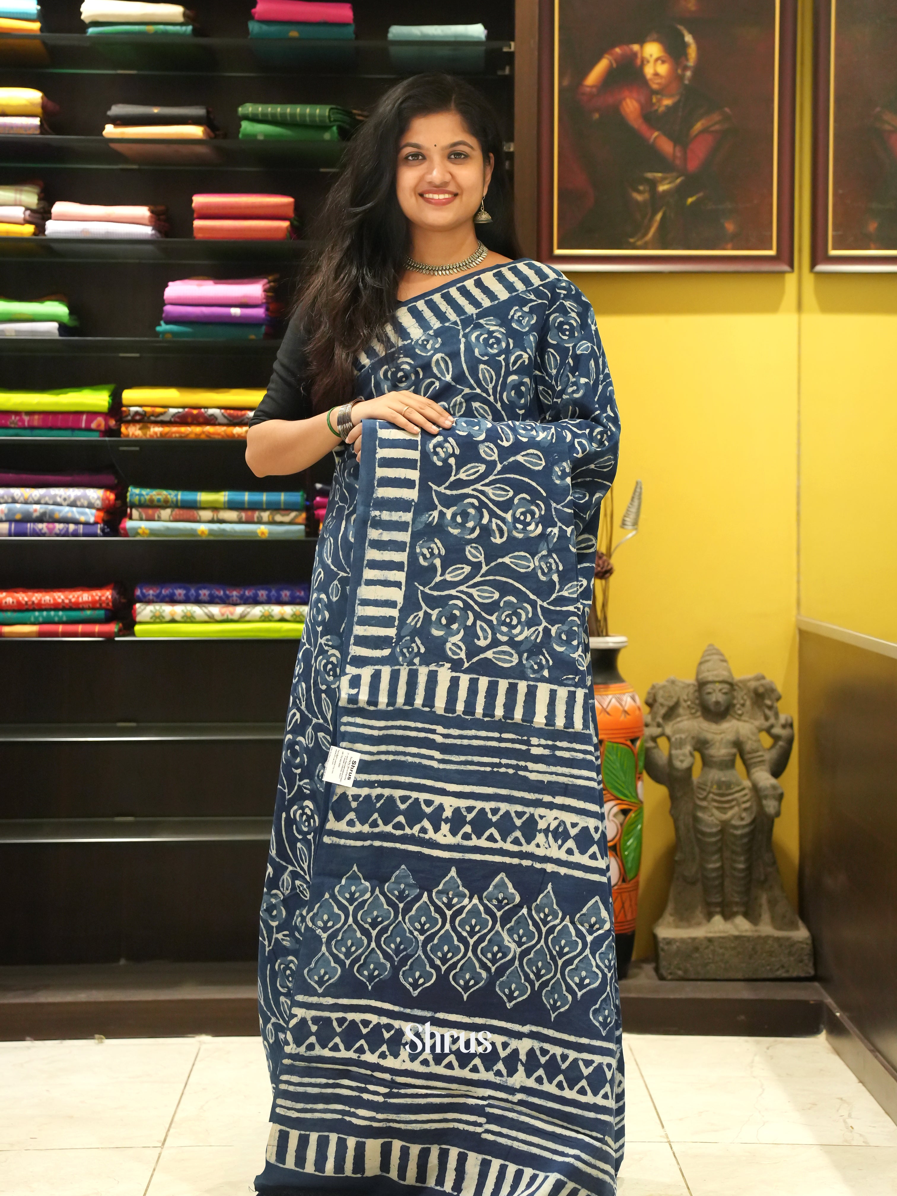 Blue - Jaipur cotton Saree - Shop on ShrusEternity.com