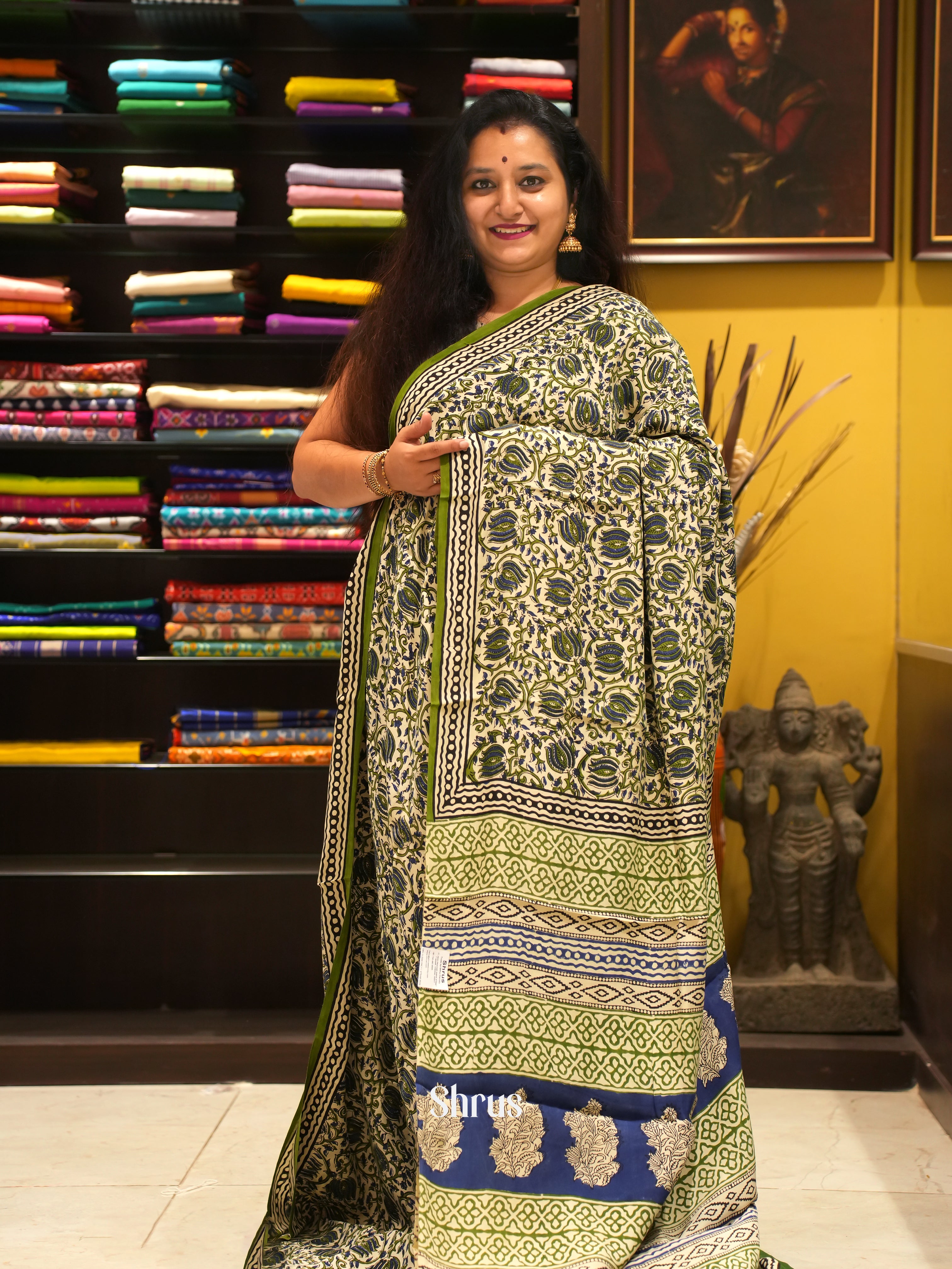 Cream & Green - Modal Silk Saree - Shop on ShrusEternity.com