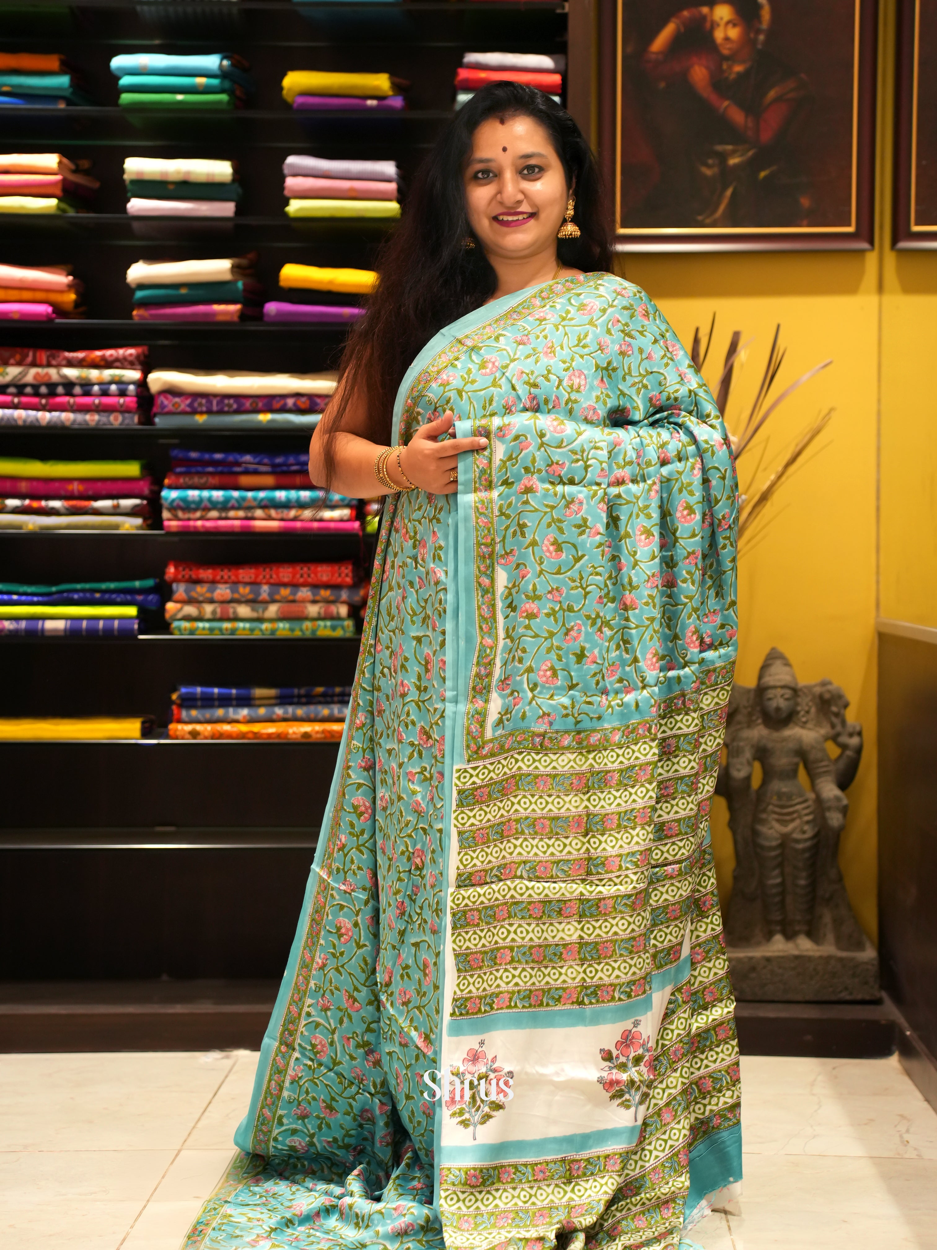 Blue & Cream - Modal Silk Saree - Shop on ShrusEternity.com