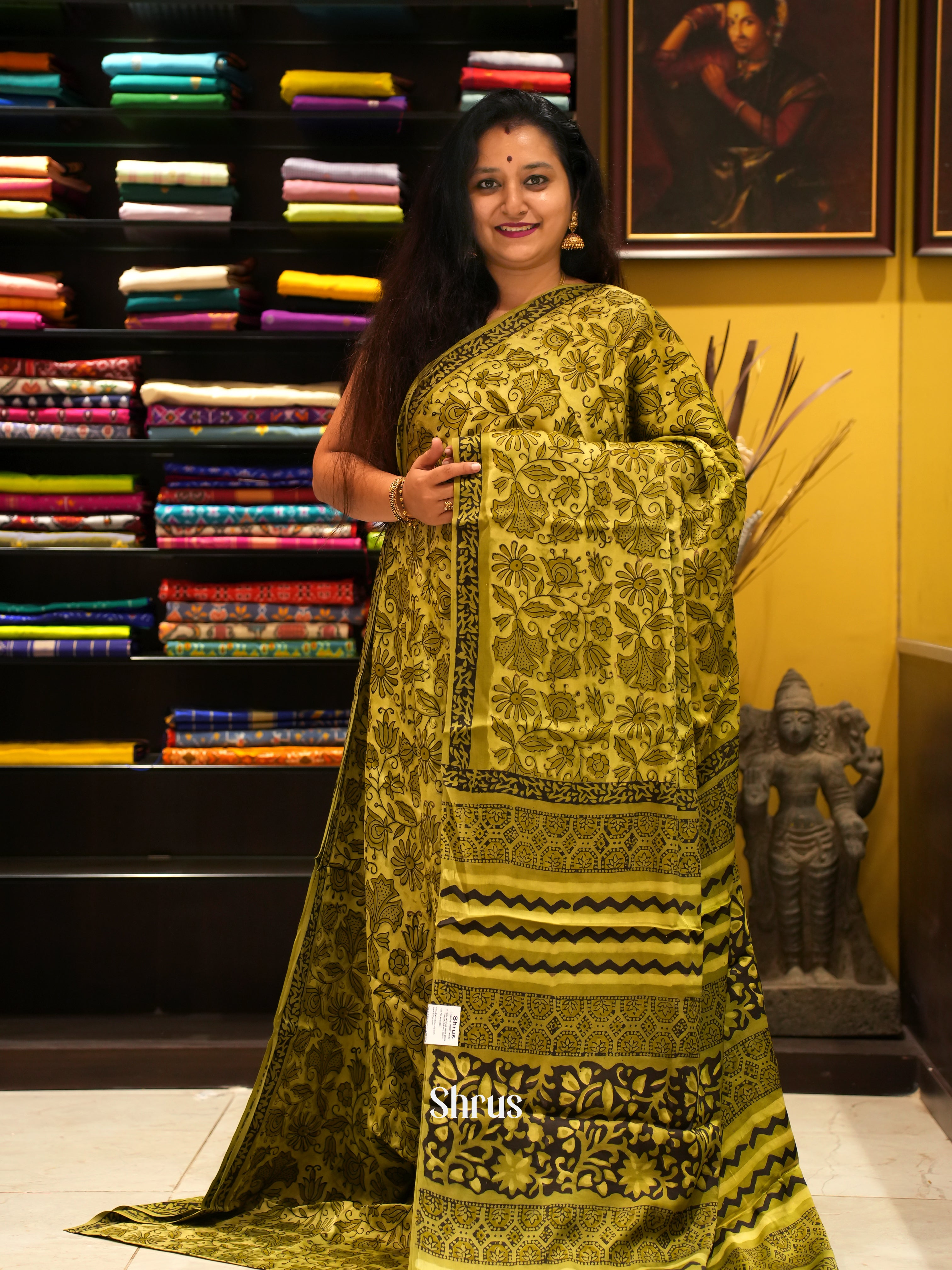 Lime Green & Black- Modal Silk Saree - Shop on ShrusEternity.com