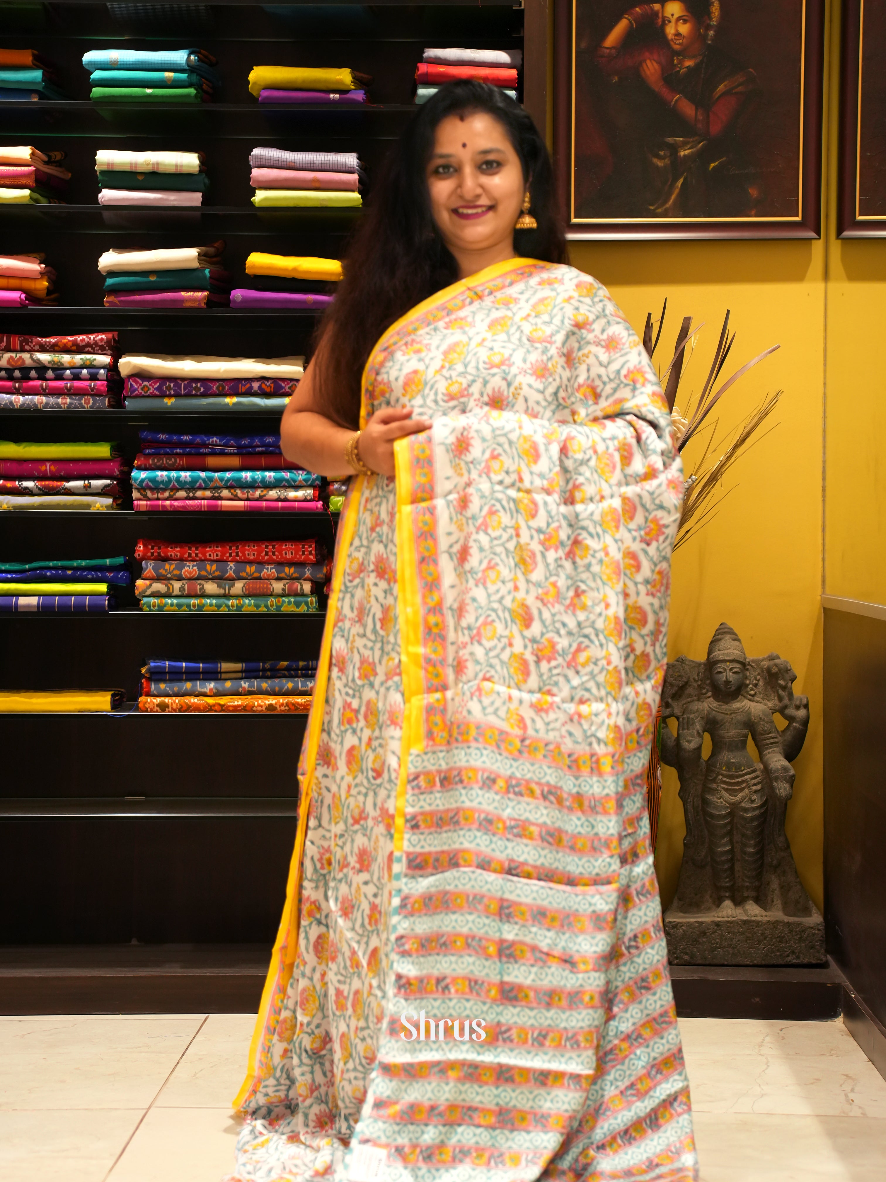 Cream & Yellow - Modal Silk Saree - Shop on ShrusEternity.com