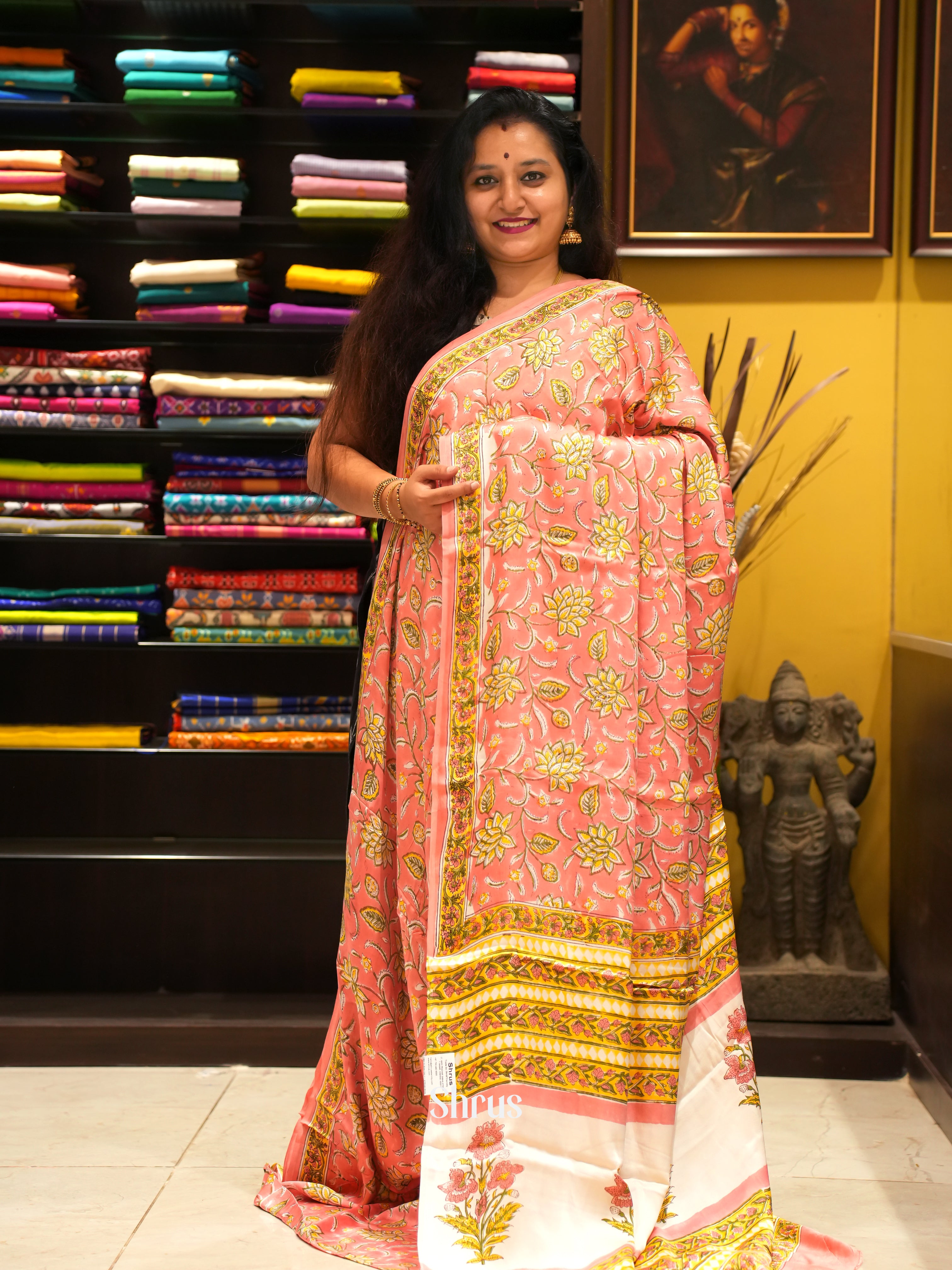 Pink & Cream - Modal Silk Saree - Shop on ShrusEternity.com