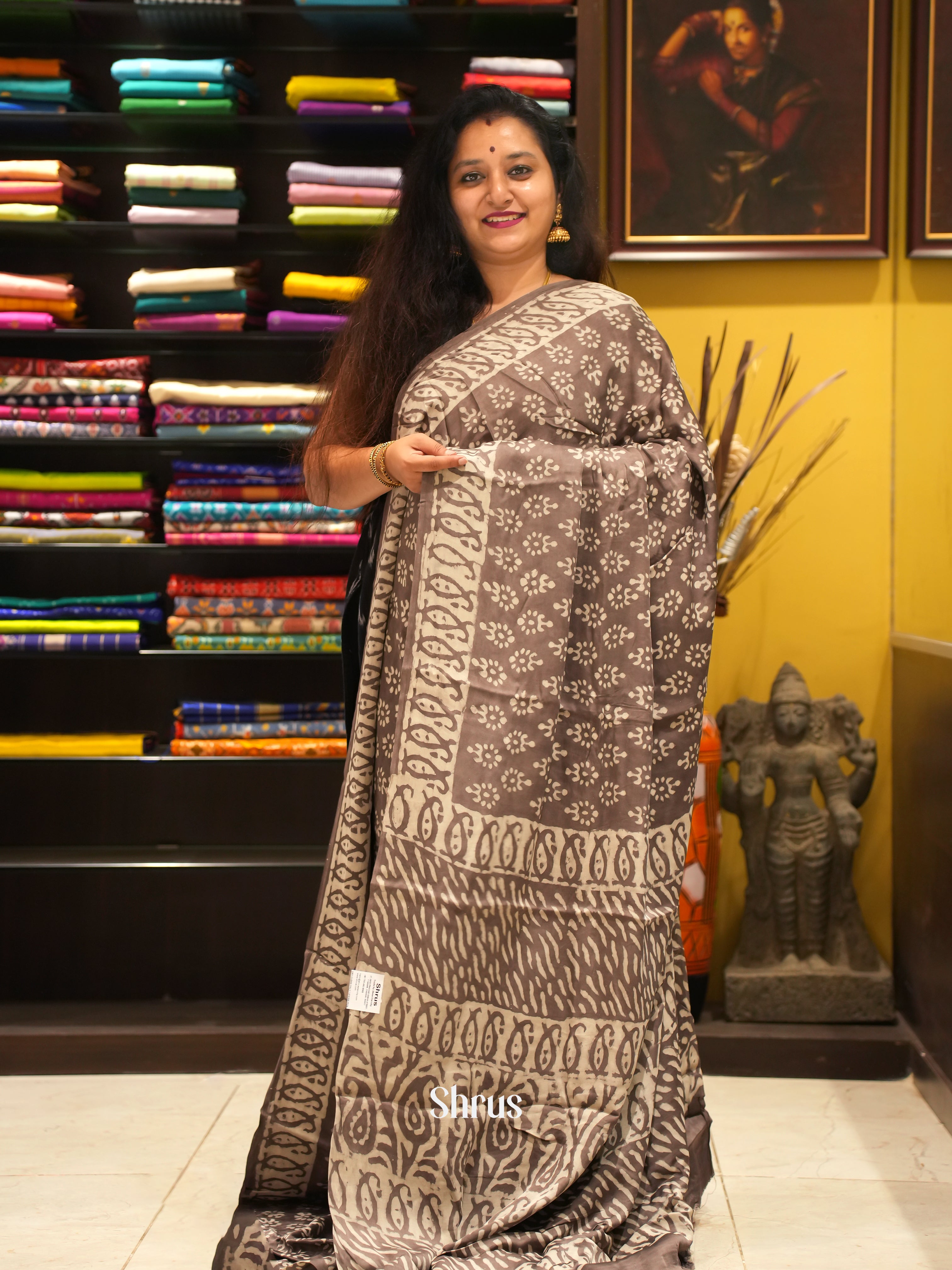 Grey & Cream - Modal Silk Saree - Shop on ShrusEternity.com